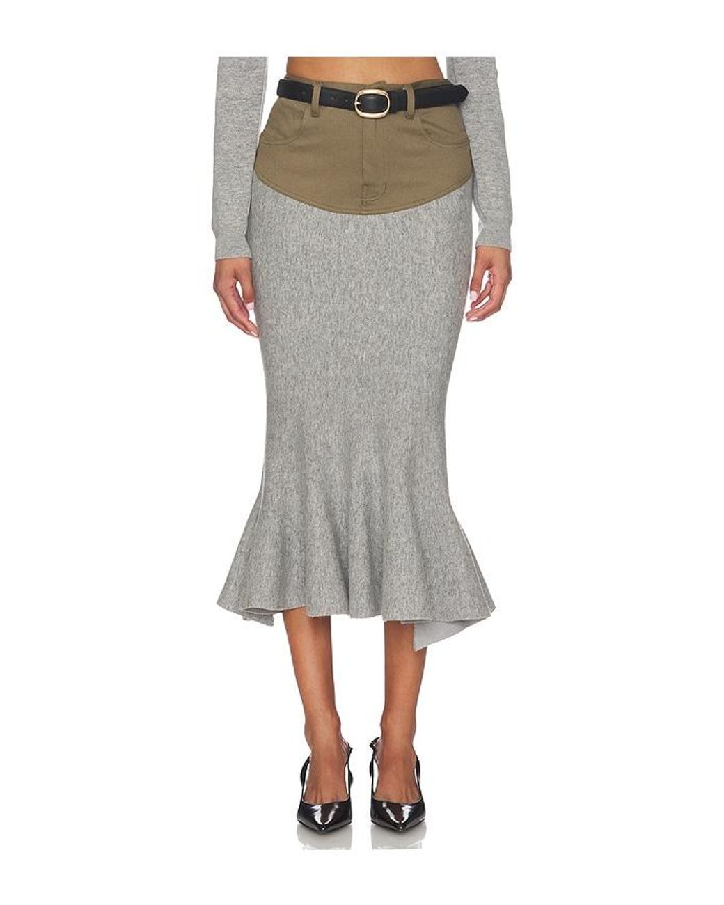 Self-Portrait Gray Knit Khaki Denim Insert Midi Skirt