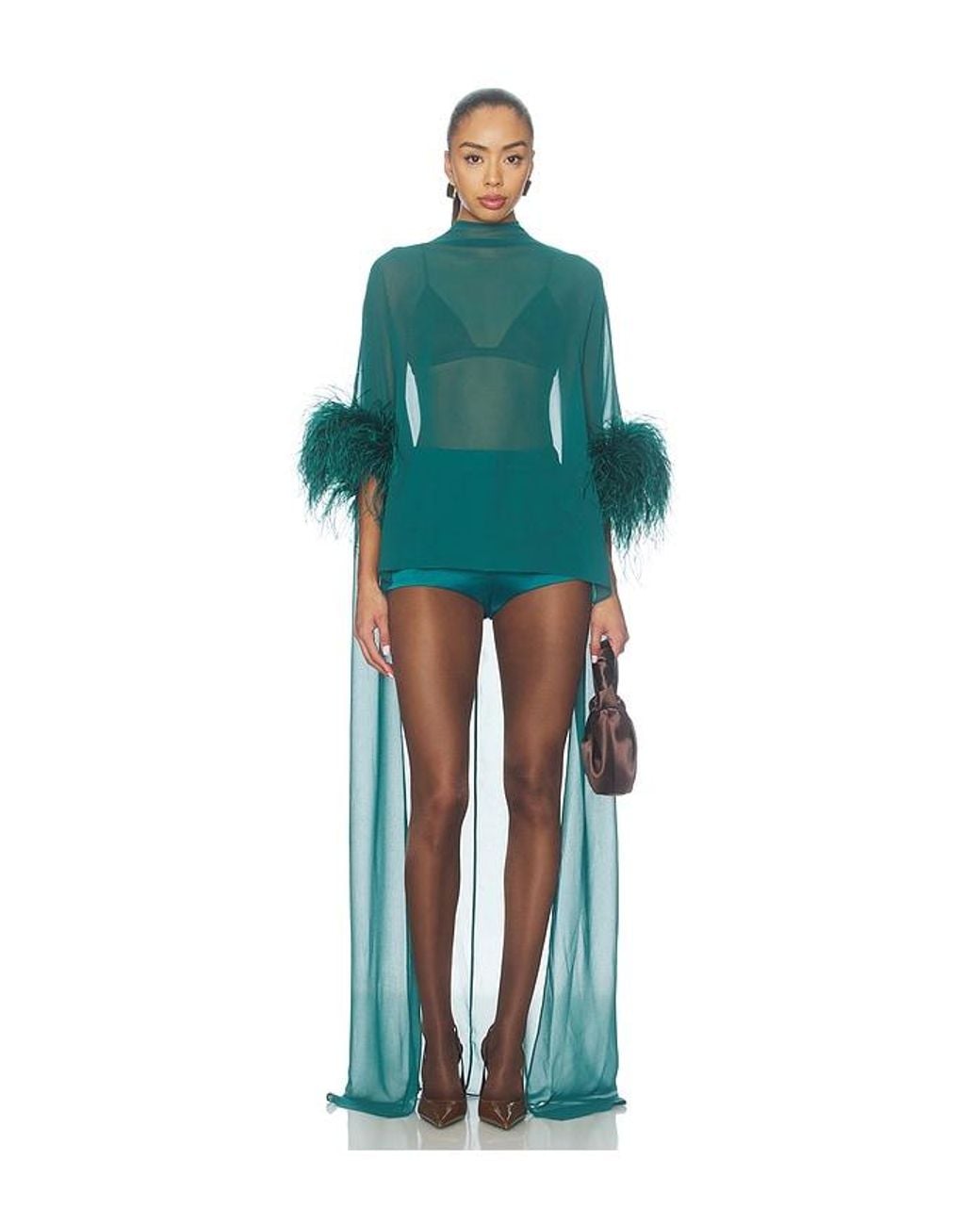LAPOINTE Green Lightweight Georgette High Low Mock Neck Top With Feathers