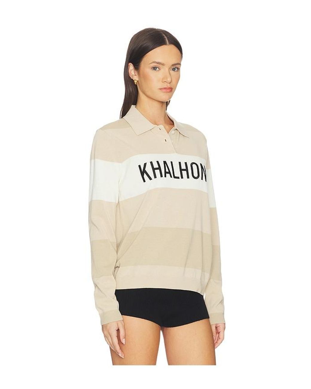 Khalhon Natural Coastal Stripe Knit Polo Top