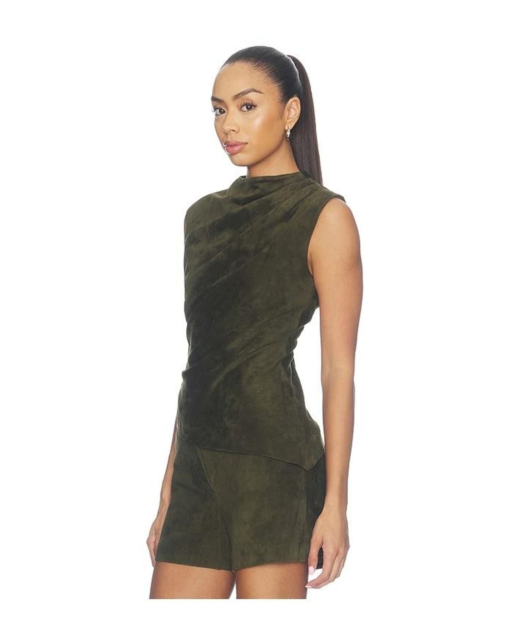 AEXAE Green Lamb Leather Suede Ruched Top