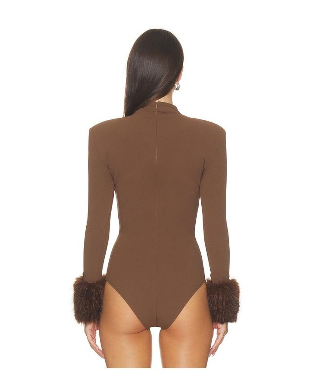 Bronx and Banco Brown Long Sleeve Bodysuit With Faux Fur Cuffs