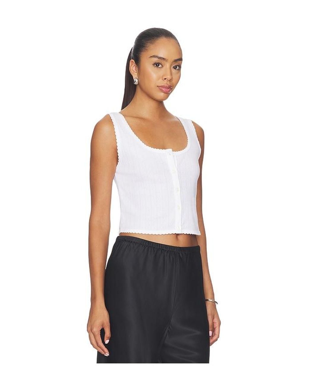 Leset White Pointelle Button Down Tank