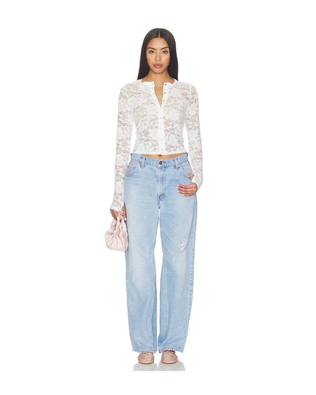Michael Lauren White Vesca Lace Snap Front Long Sleeve