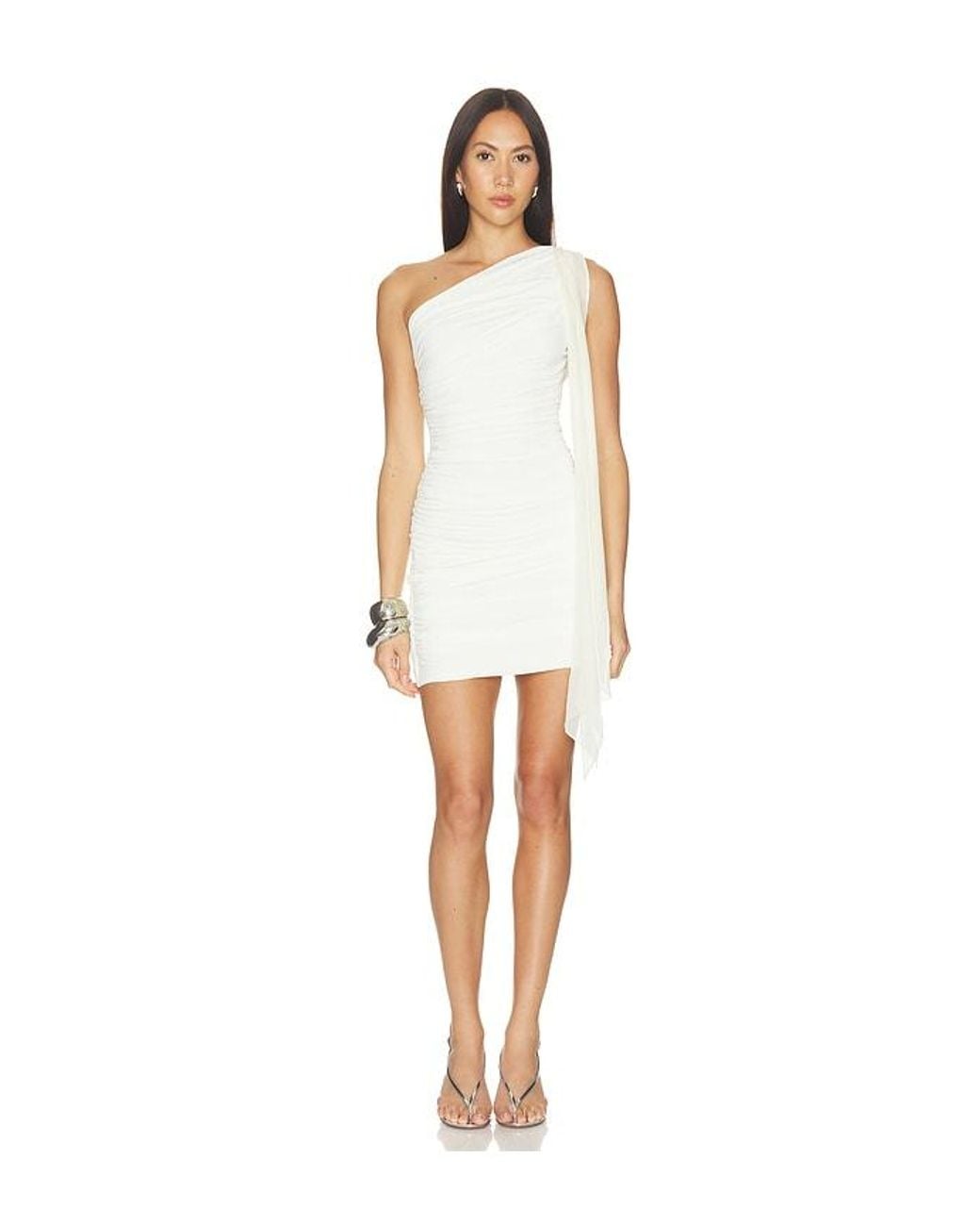 Mimchik White One Shoulder Chiffon Tie Mini Dress