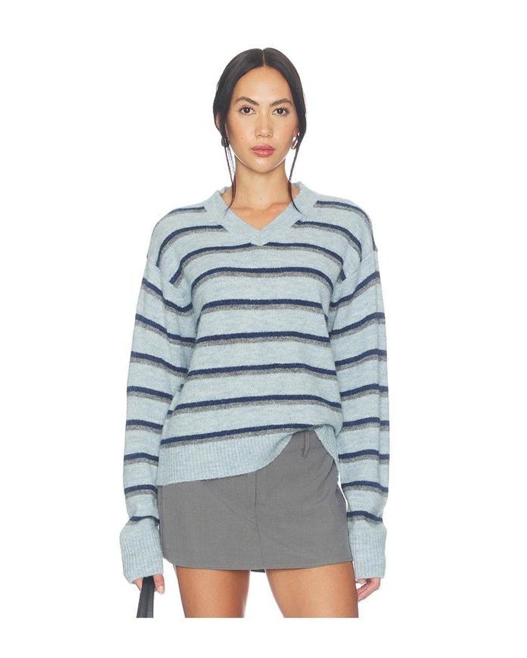 Lovers + Friends Blue Lindy Striped V-Neck Sweater