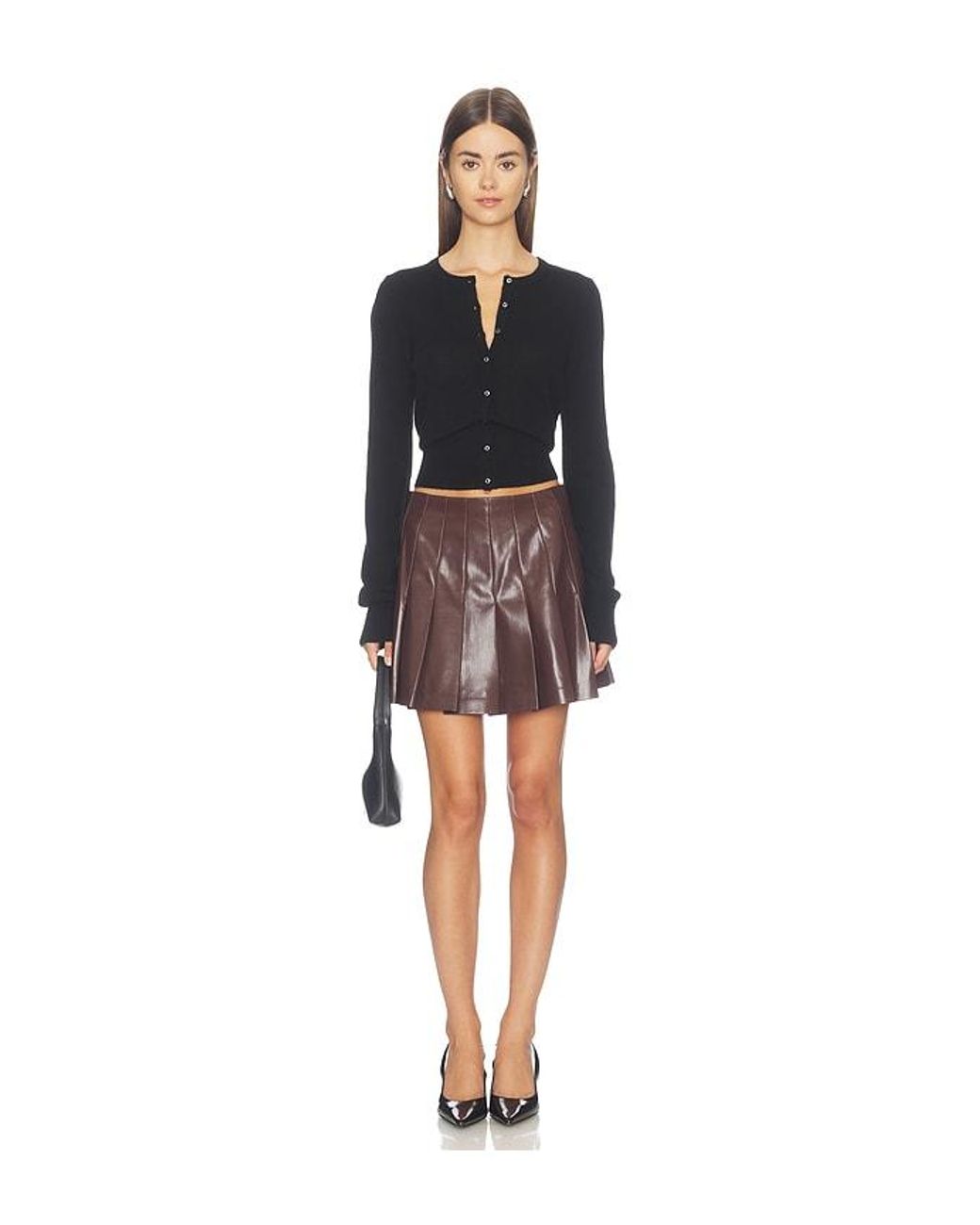 Alice + Olivia Black Carter Faux Leather Stitch Pleat Mini Skirt