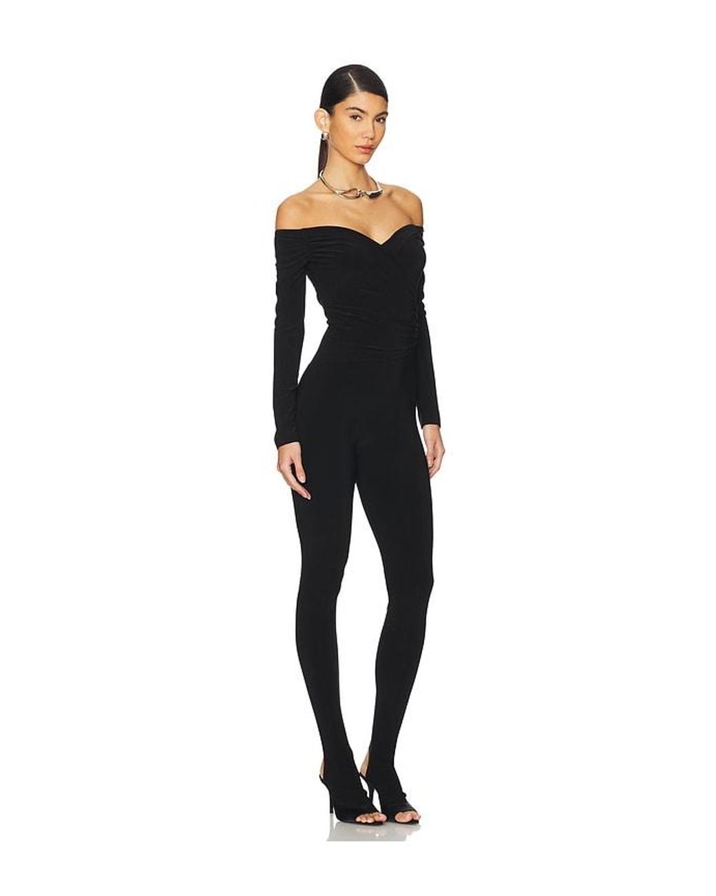 Norma Kamali Black Off Shoulder Sweetheart Catsuit With Footie