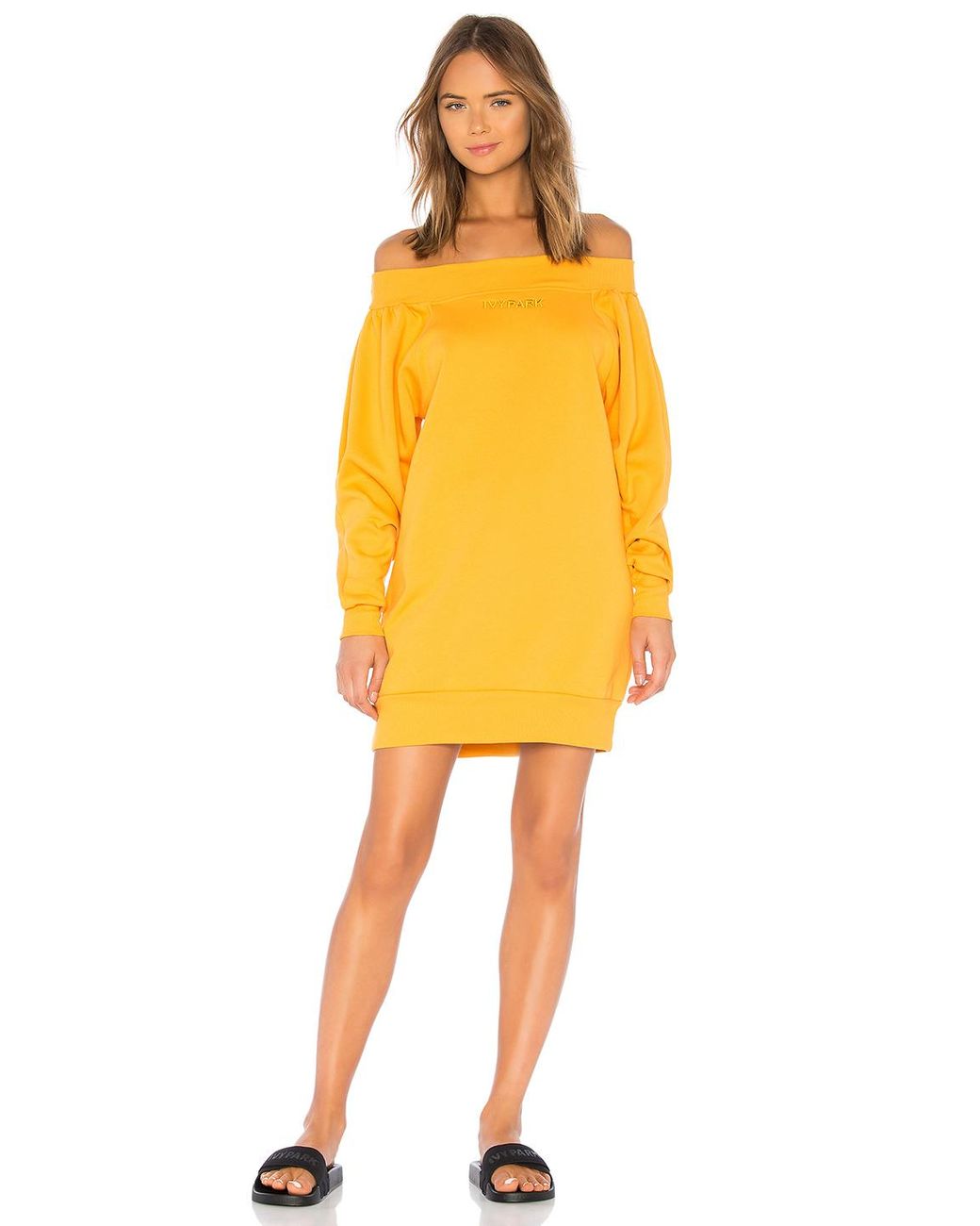Ivy Park Cotton Blouson Bardot Sweat Dress in Golden Orange (Yellow) | Lyst
