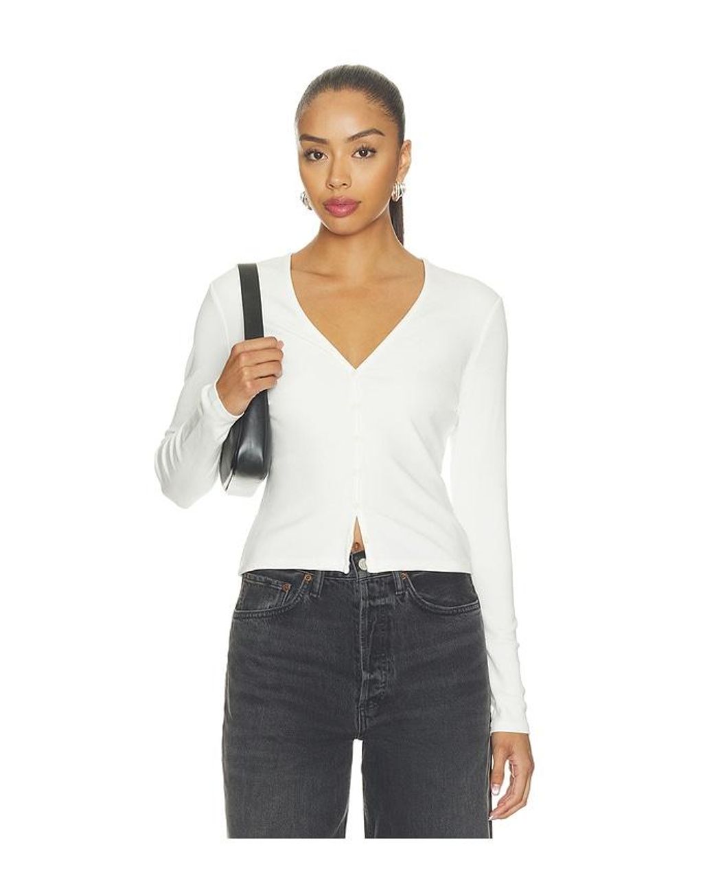 GOOD AMERICAN White The Rib V Neck Cardigan