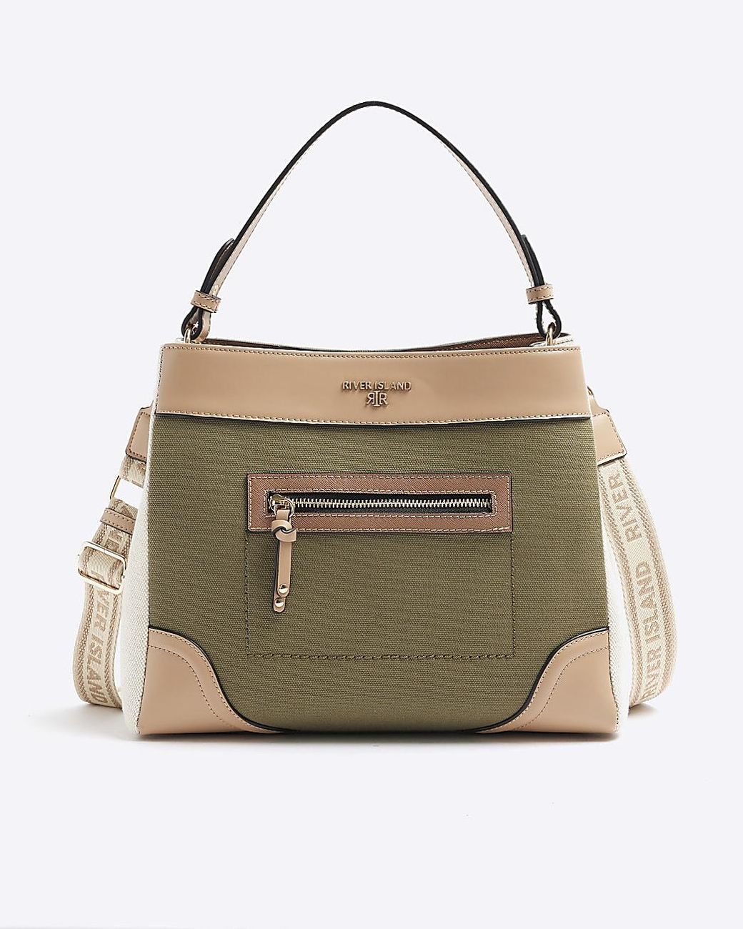River Island Khaki Canvas Zip Pocket Cross Body Bag in Natural