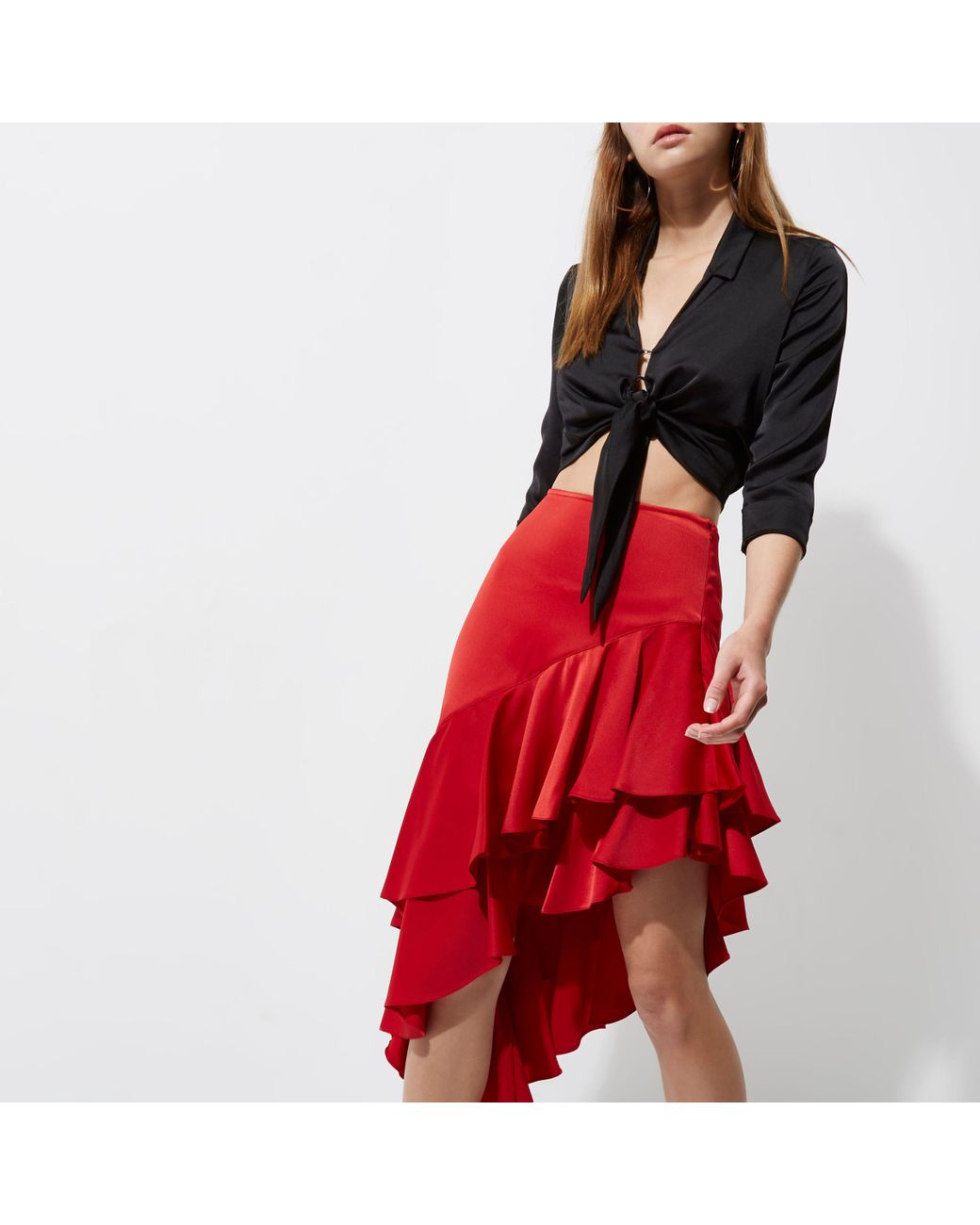 ZARA Red Gingham Skirt - Asymmetrical Ruffle hem skirt | Red gingham skirt,  Gingham skirt, Ruffle hem skirt