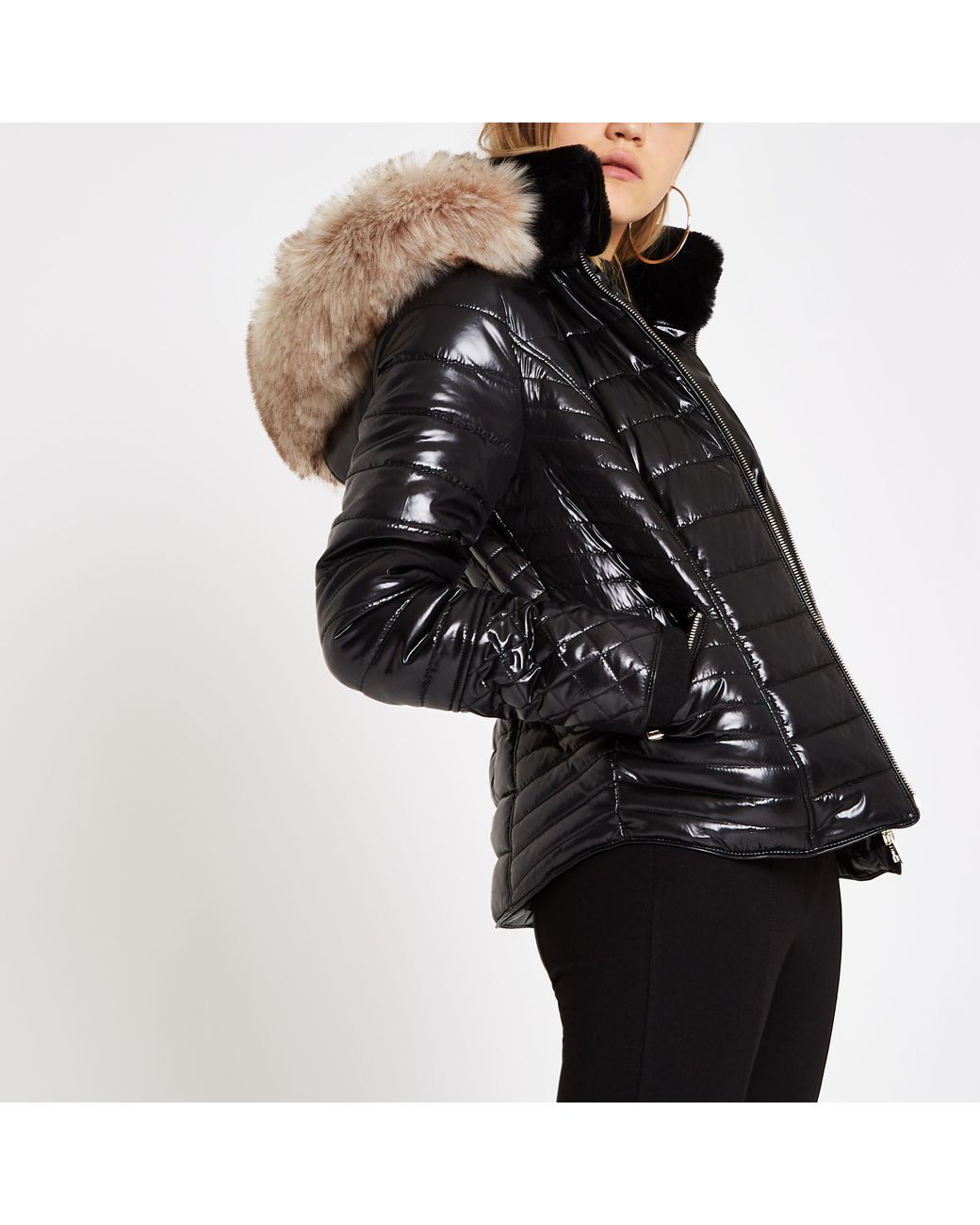 River Island Faux Fur Trim High Shine Puffer Jacket in Black | Lyst