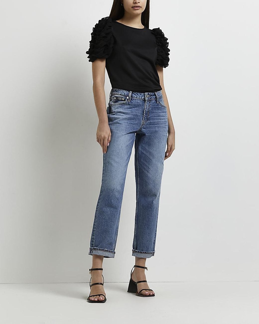 River Island Black Frill Sleeve T-shirt 