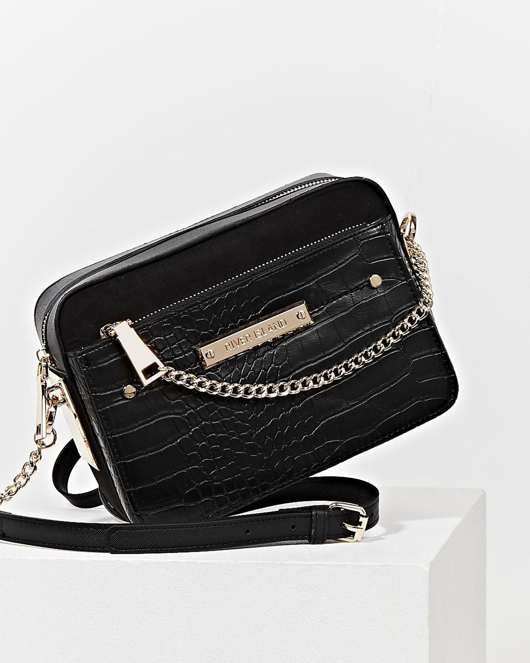River Island Pocket And Chain Front Monogram Cross-body Bag in Black