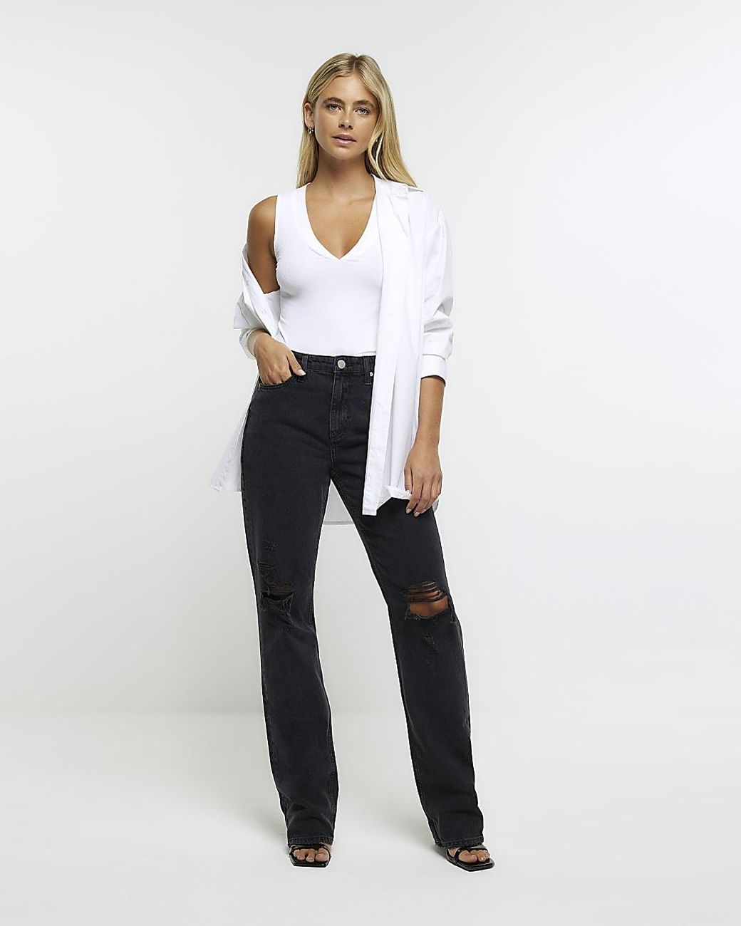 River Island Ripped High Waisted Straight Jeans in White | Lyst