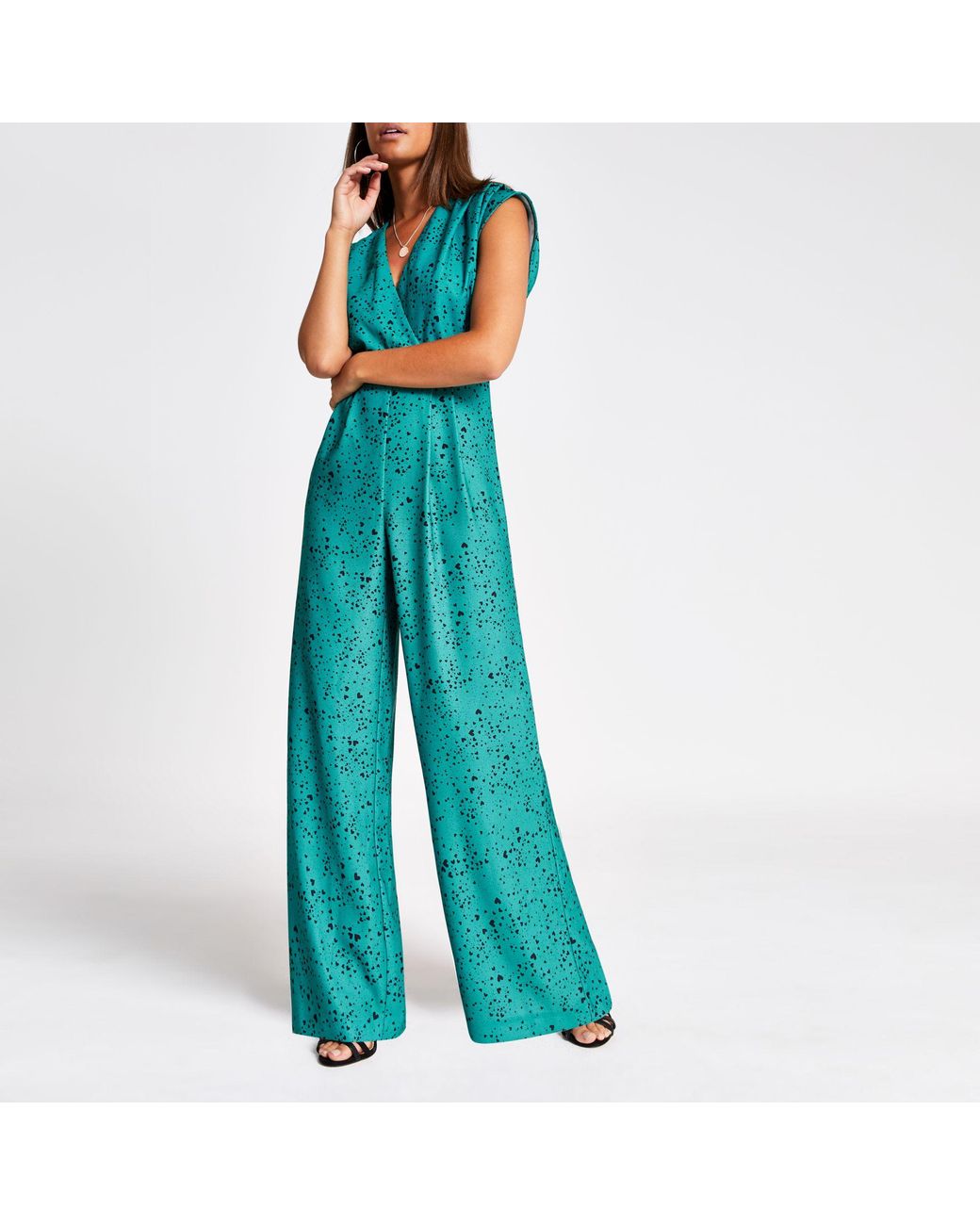 River Island Heart Print Wide Leg Jumpsuit in Green | Lyst UK