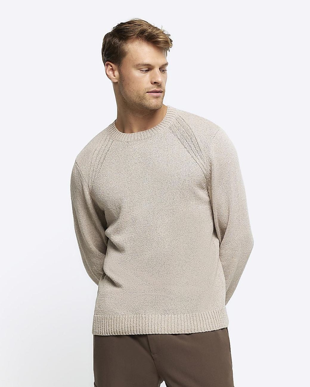River Island Gray Beige Slim Fit Crew Neck Jumper for men