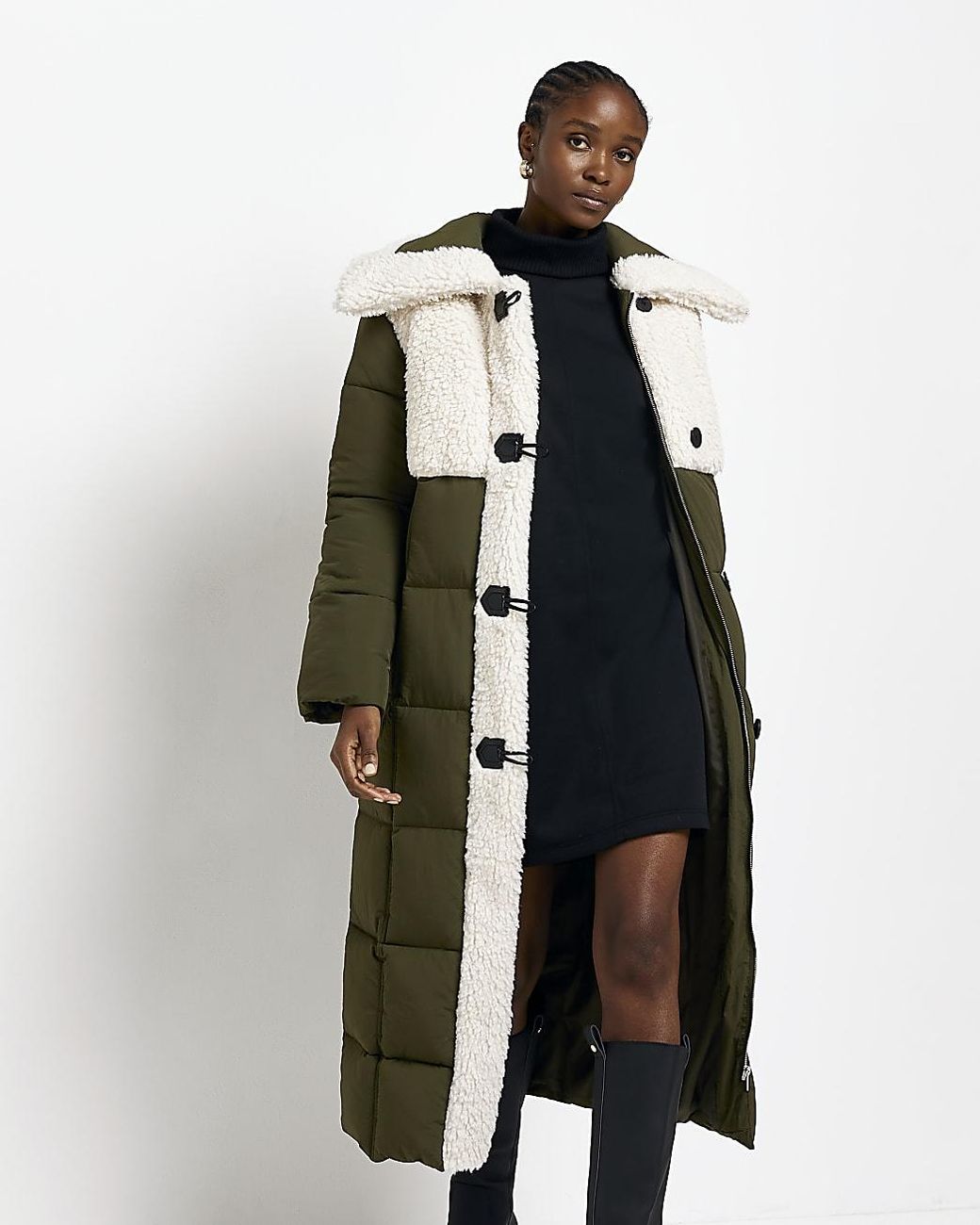 River Island Khaki Faux Borg Longline Puffer Coat in Green | Lyst