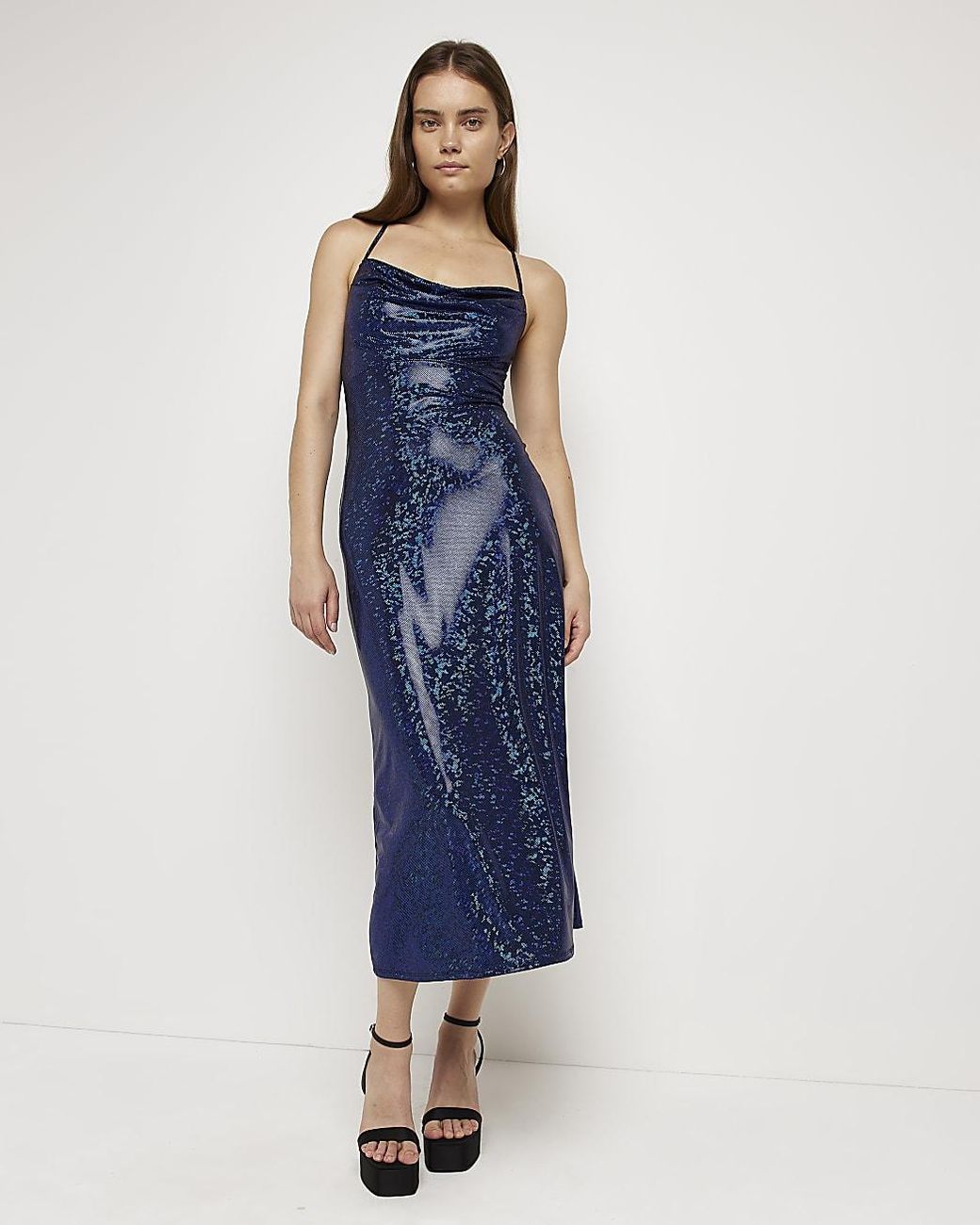 River Island Blue Holographic Cowl Neck Slip Midi Dress Lyst Canada