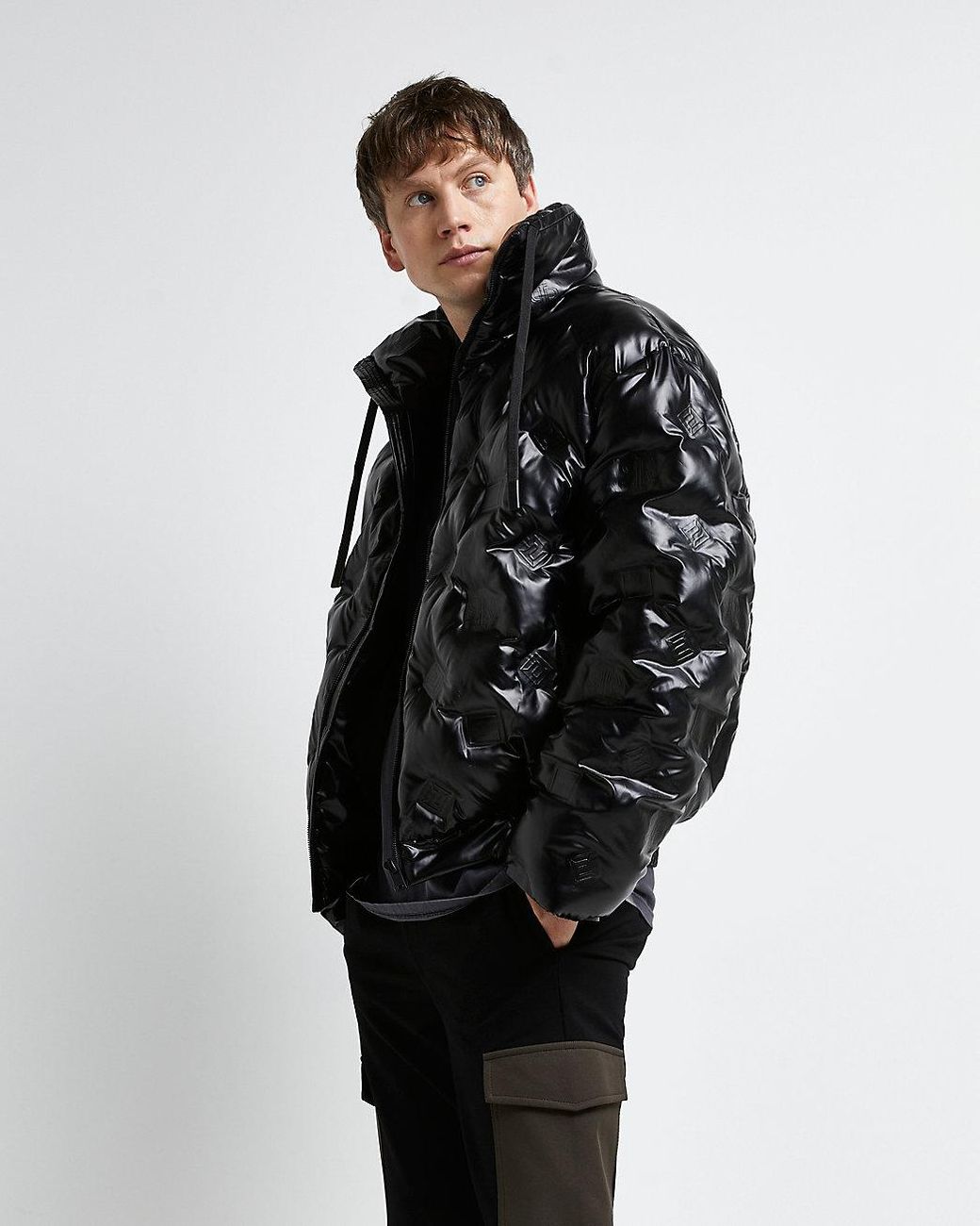 River Island Black Oversized Fit Ri Monogram Puffer Jacket for Men | Lyst