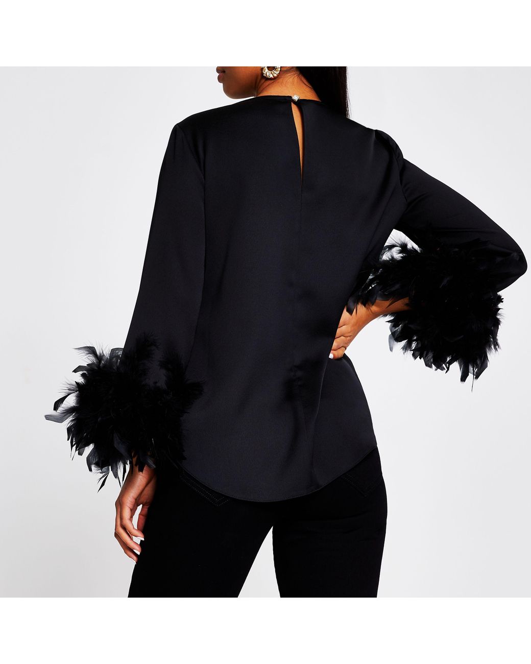 River Island Petite Black Long Sleeve Feather Cuff Top | Lyst Canada