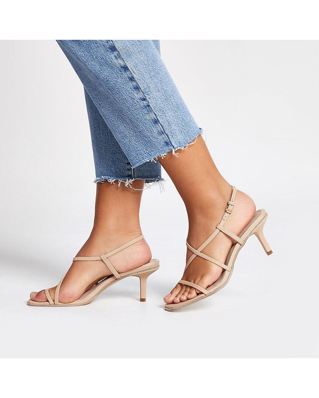 River Island Beige Beaded Strappy Low Heel Sandals in Natural | Lyst