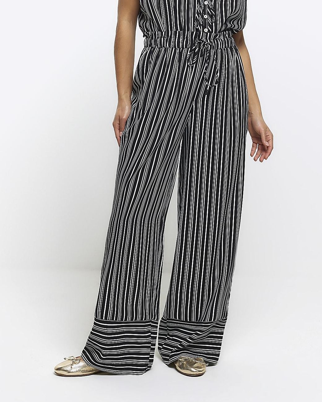 River Island Womens Black Pin Stripe Wide Leg Trousers Career Casual 10 |  eBay