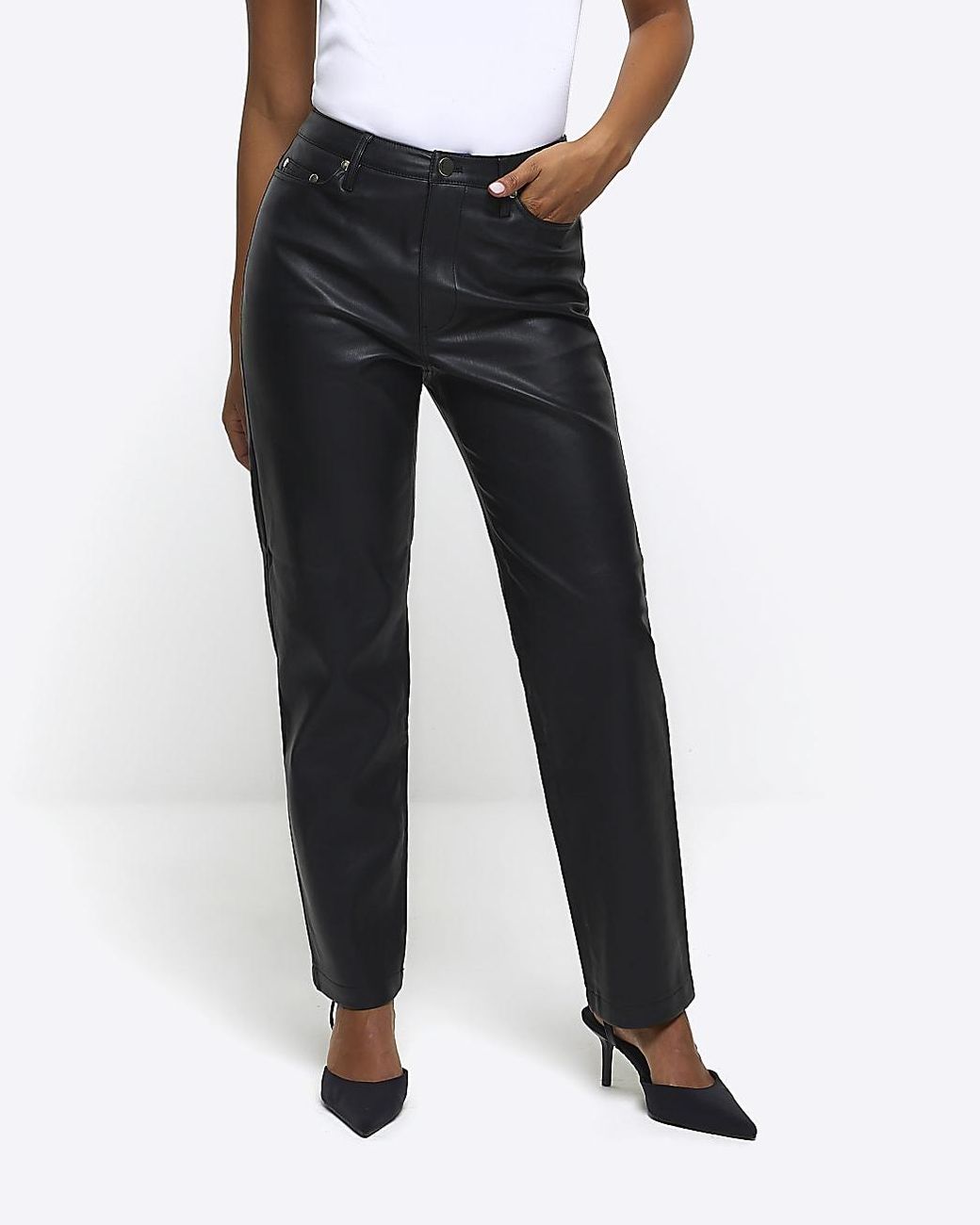 River Island Petite Black Faux Leather Straight Trousers in White | Lyst UK