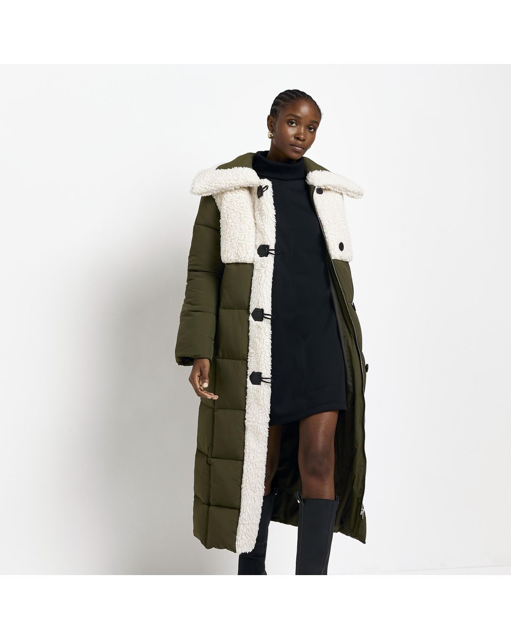 River Island Khaki Faux Borg Longline Puffer Coat in Green | Lyst Canada