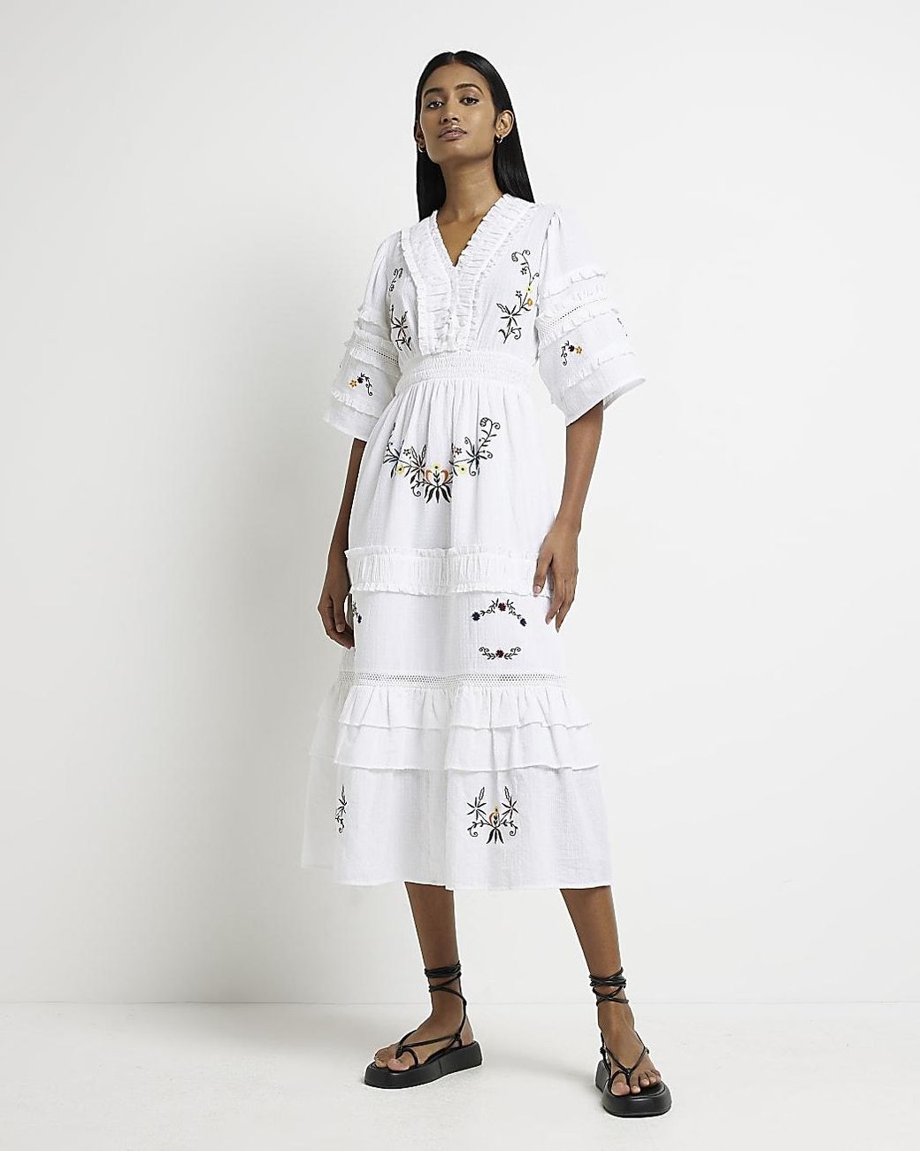 River Island Embroidered Smock Midi 