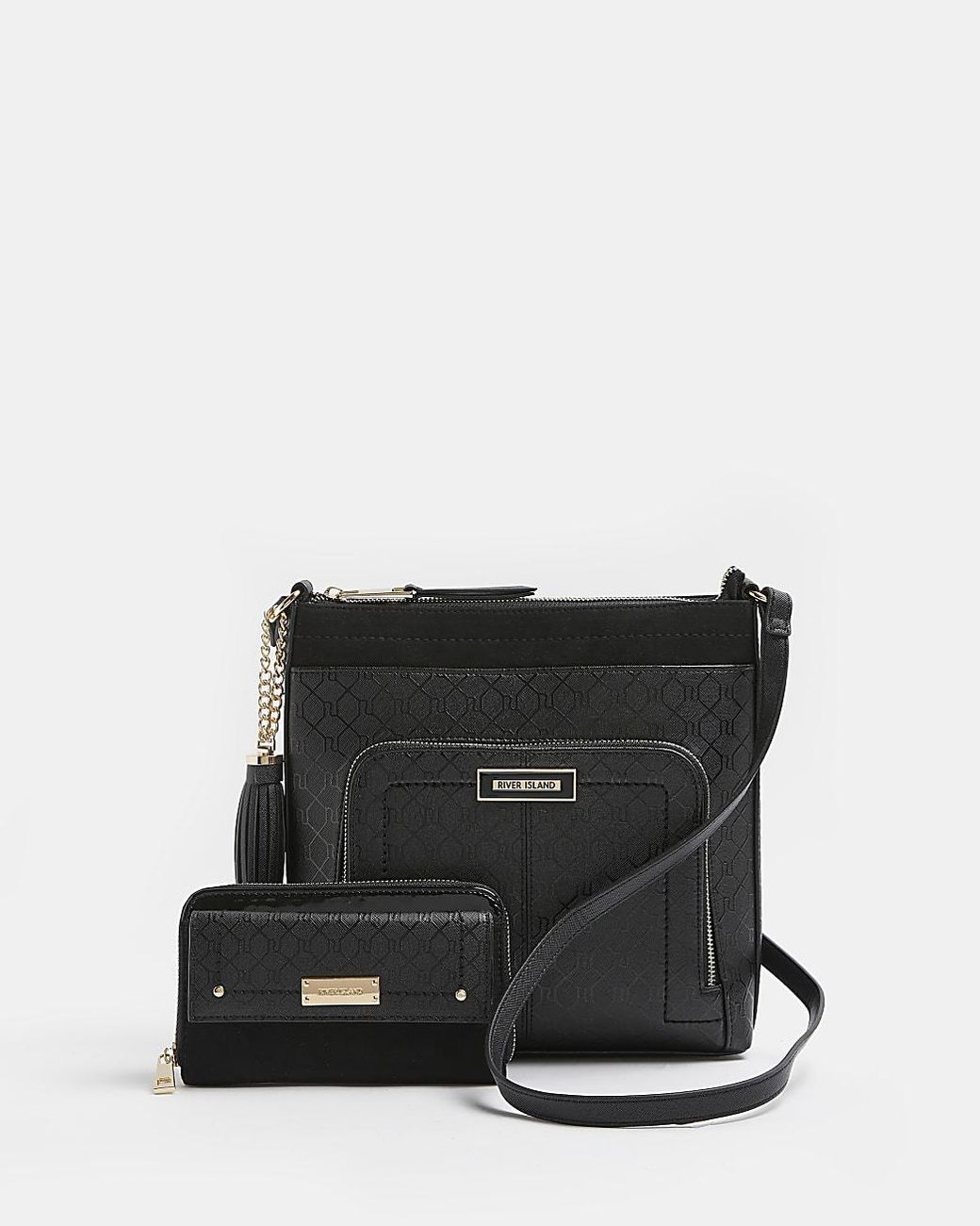 River Island Black Monogram Messenger Bag Bundle Lyst
