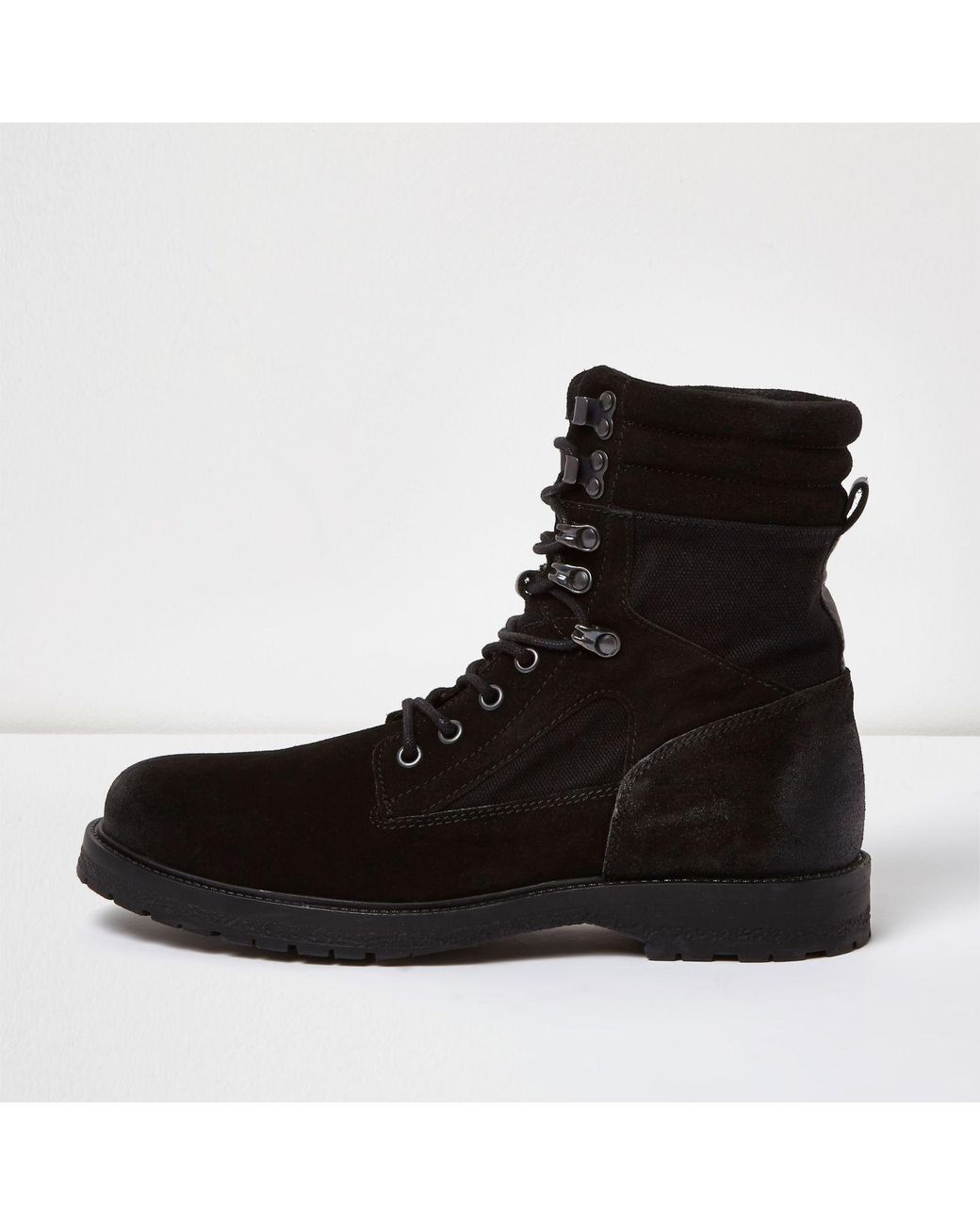 River Island Black Suede Combat Boots for Men | Lyst