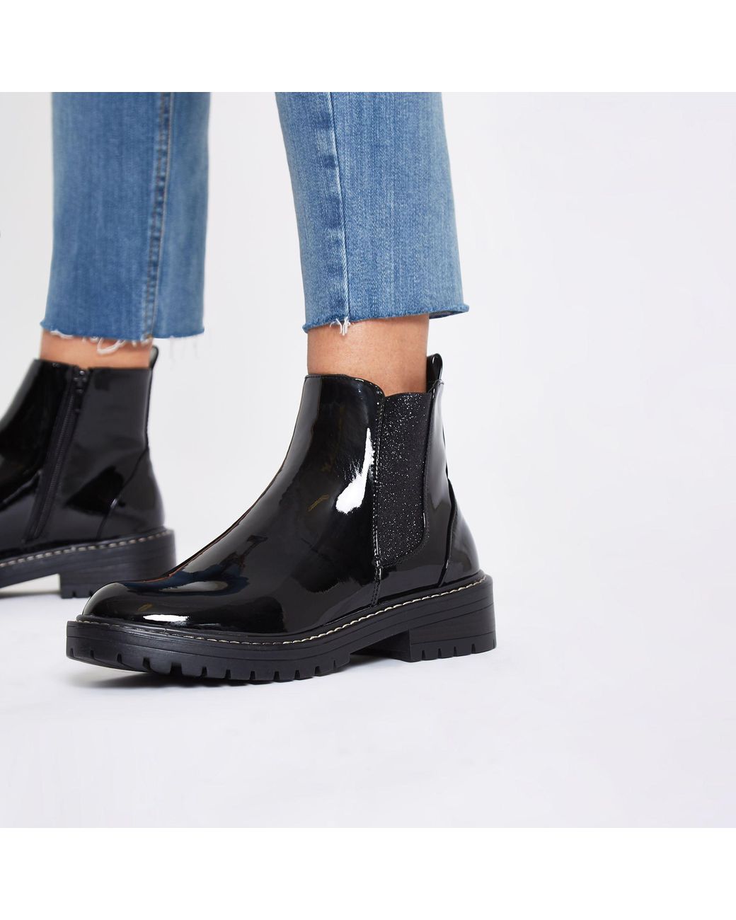 Black Patent Glitter Chunky Ankle Boots 