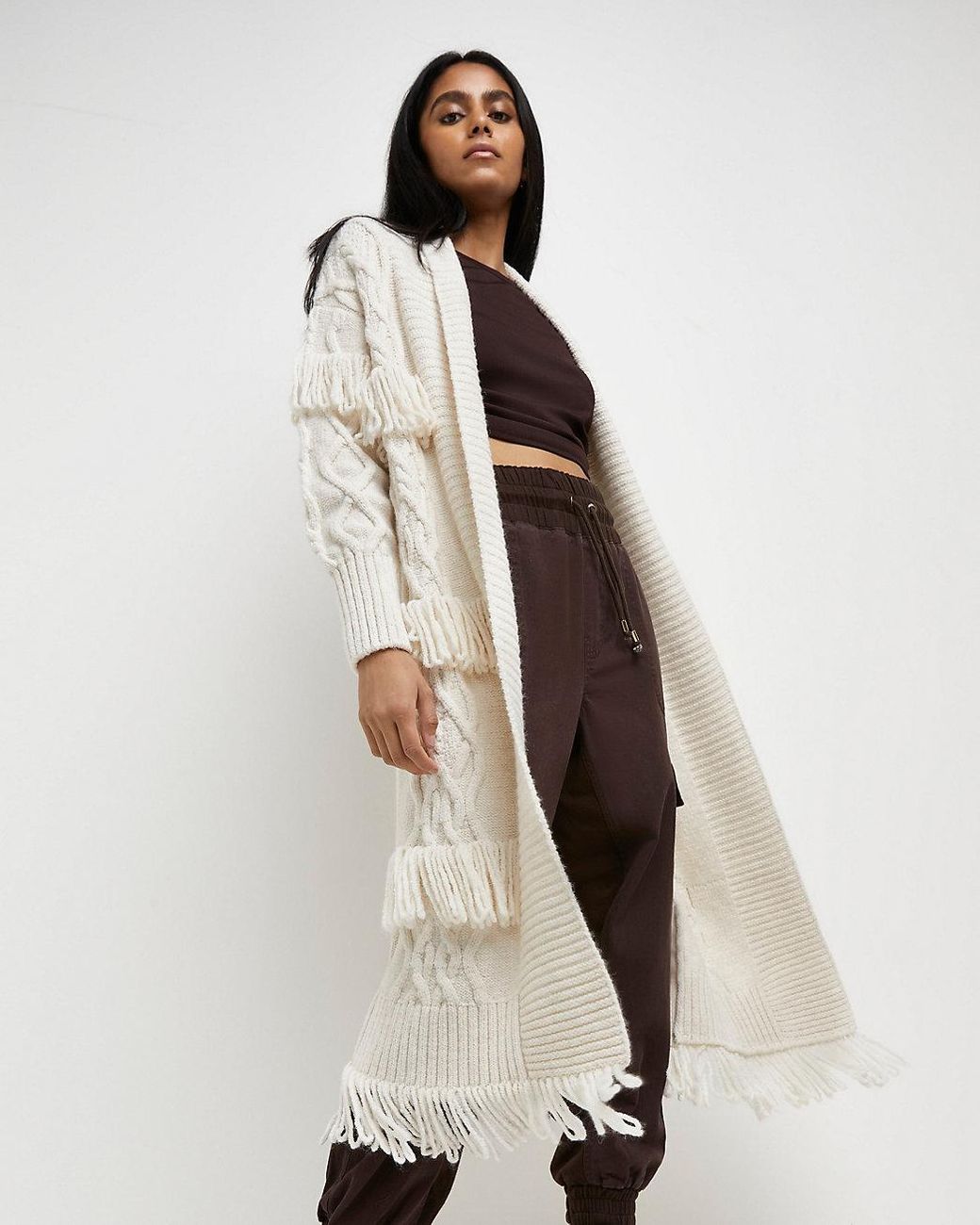 River Island Cream Fringe Detail Cable Knit Maxi Cardigan in Natural | Lyst