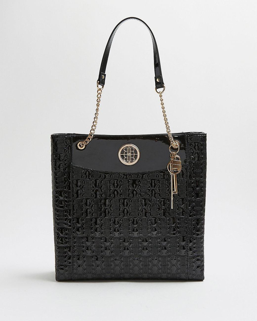 River Island Black Ri Monogram Embossed Patent Shopper Bag Lyst