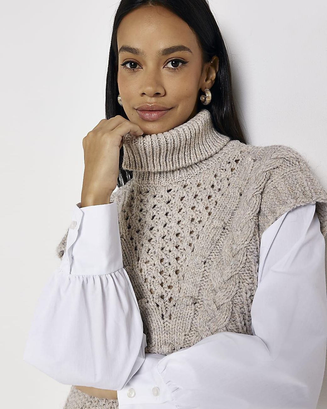River Island Beige Cable Knit Mini Jumper Shirt Dress in White | Lyst