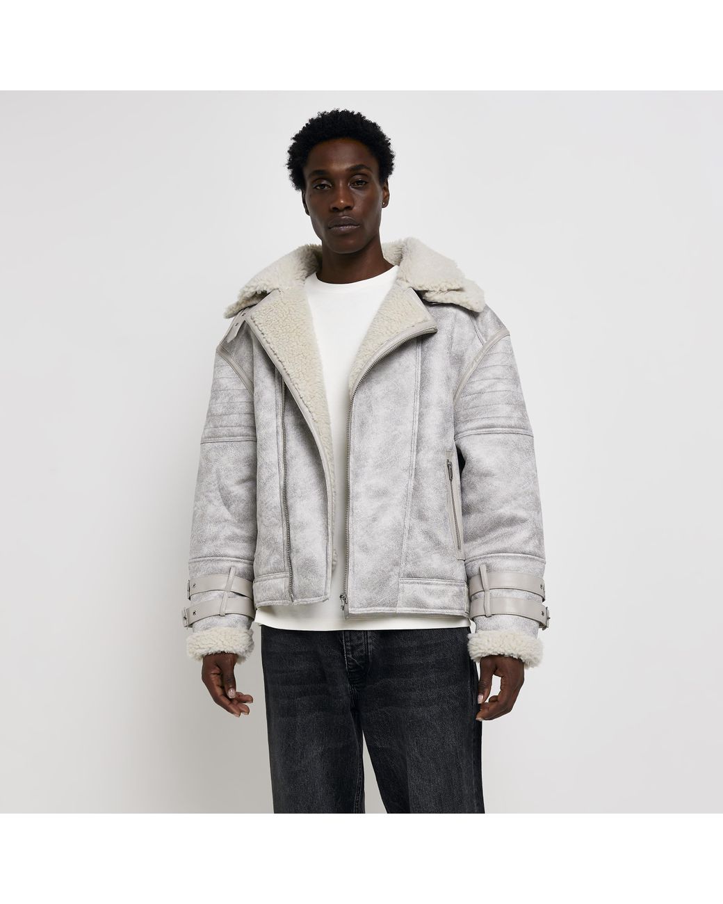 River island faux 2024 shearling aviator jacket