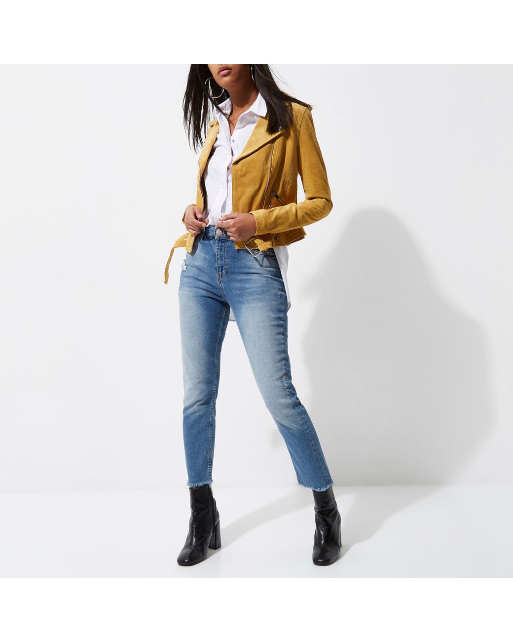 River Island Light Belted Suede Biker Jacket in Yellow Lyst Canada