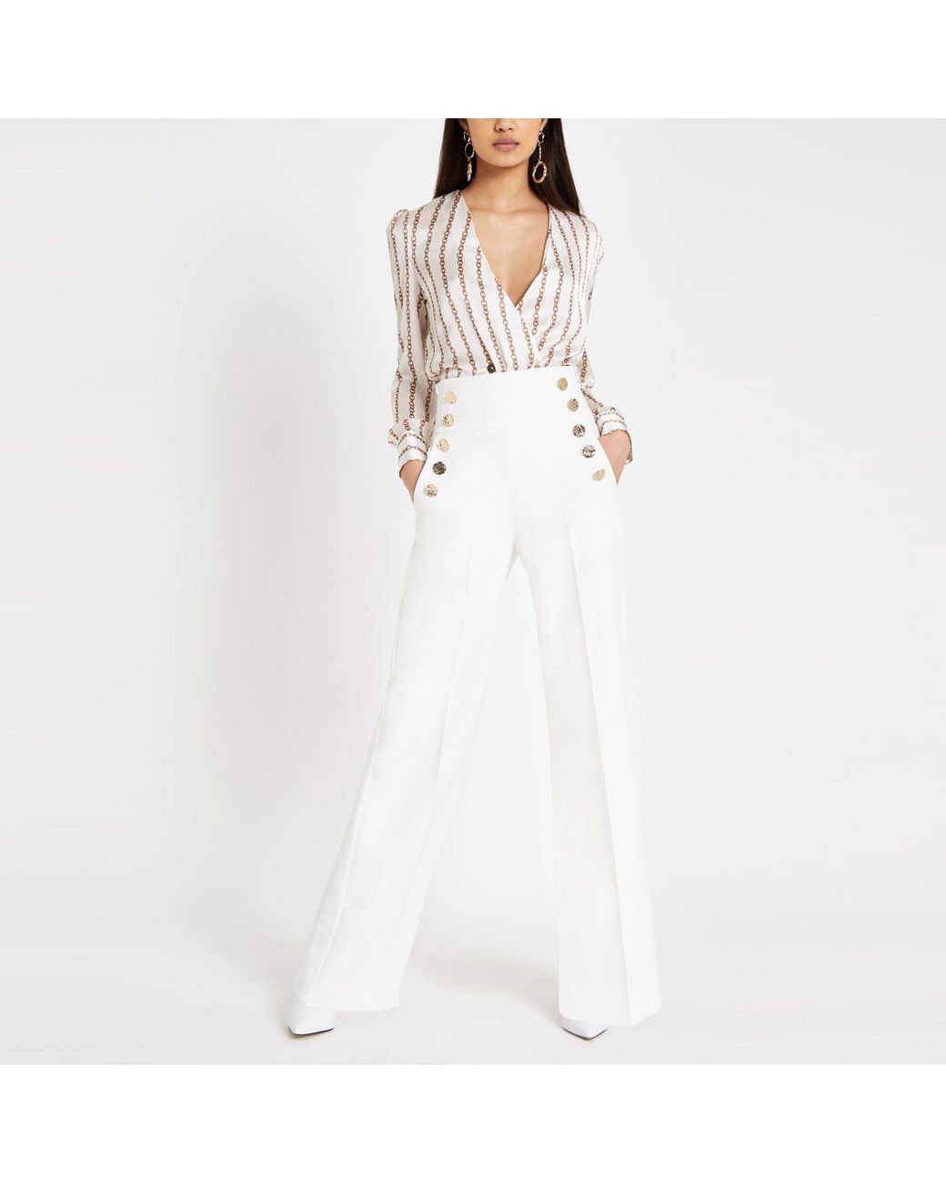 River Island Pleated Wide Leg Trousers in White | Lyst UK