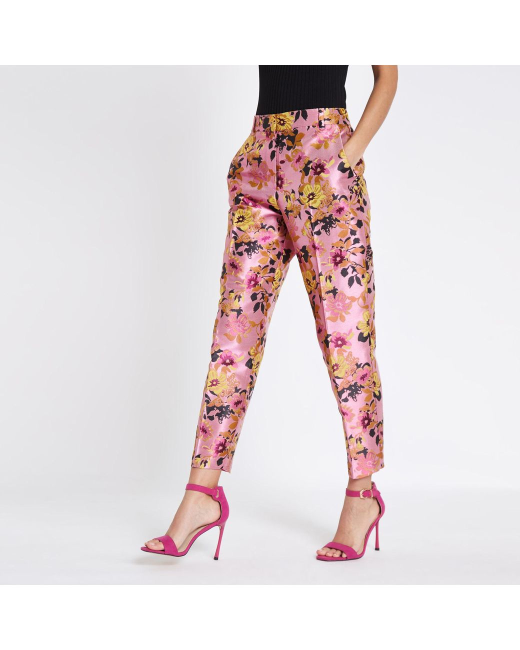 River Island Pink Floral Jacquard Straight Leg Trousers | Lyst