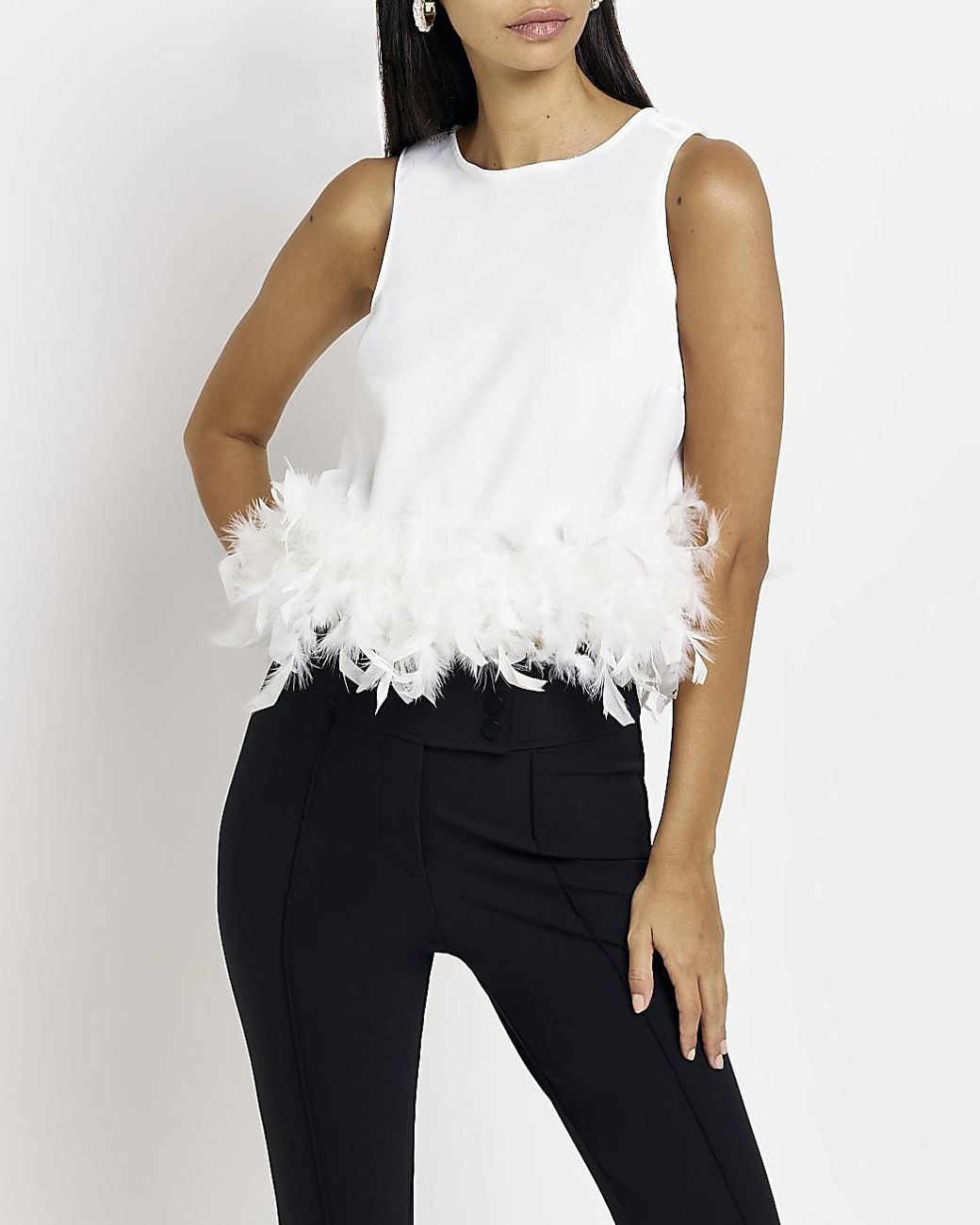Island White Feather Trim Cropped Top |
