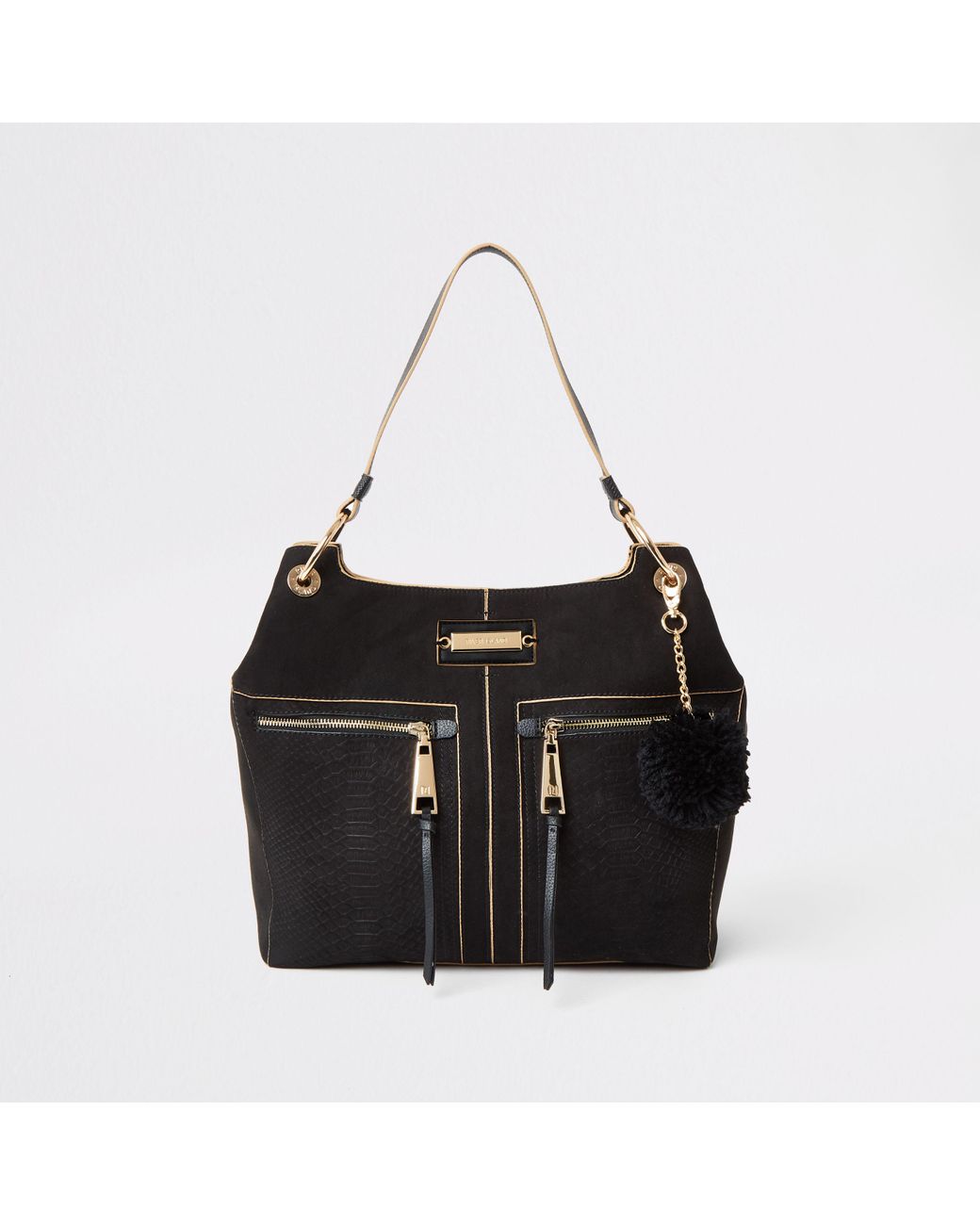 River Island Black Croc Embossed Zip Front Slouch Bag Lyst UK