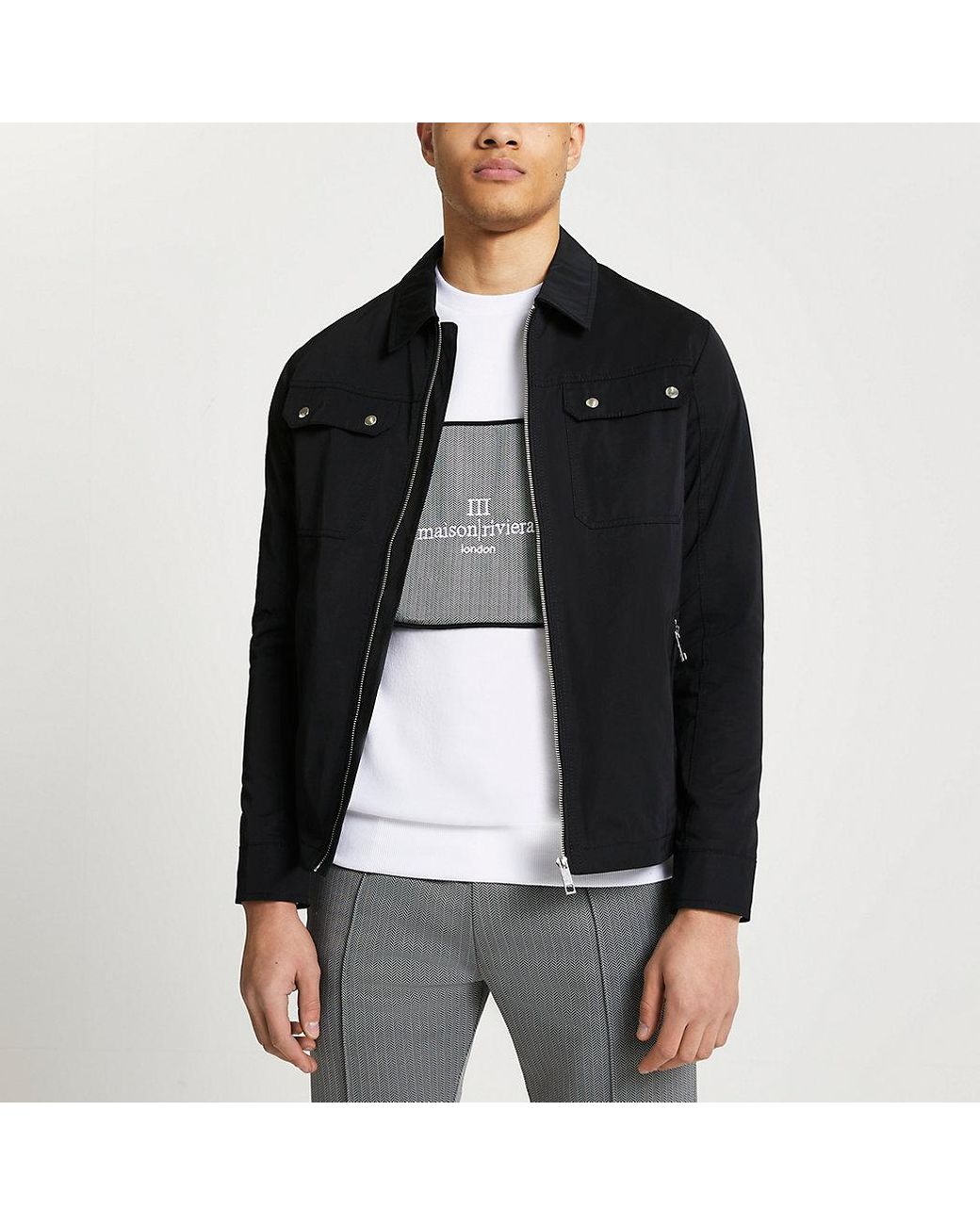 River Island Synthetic Black Nylon Zip Up Shacket for Men Lyst
