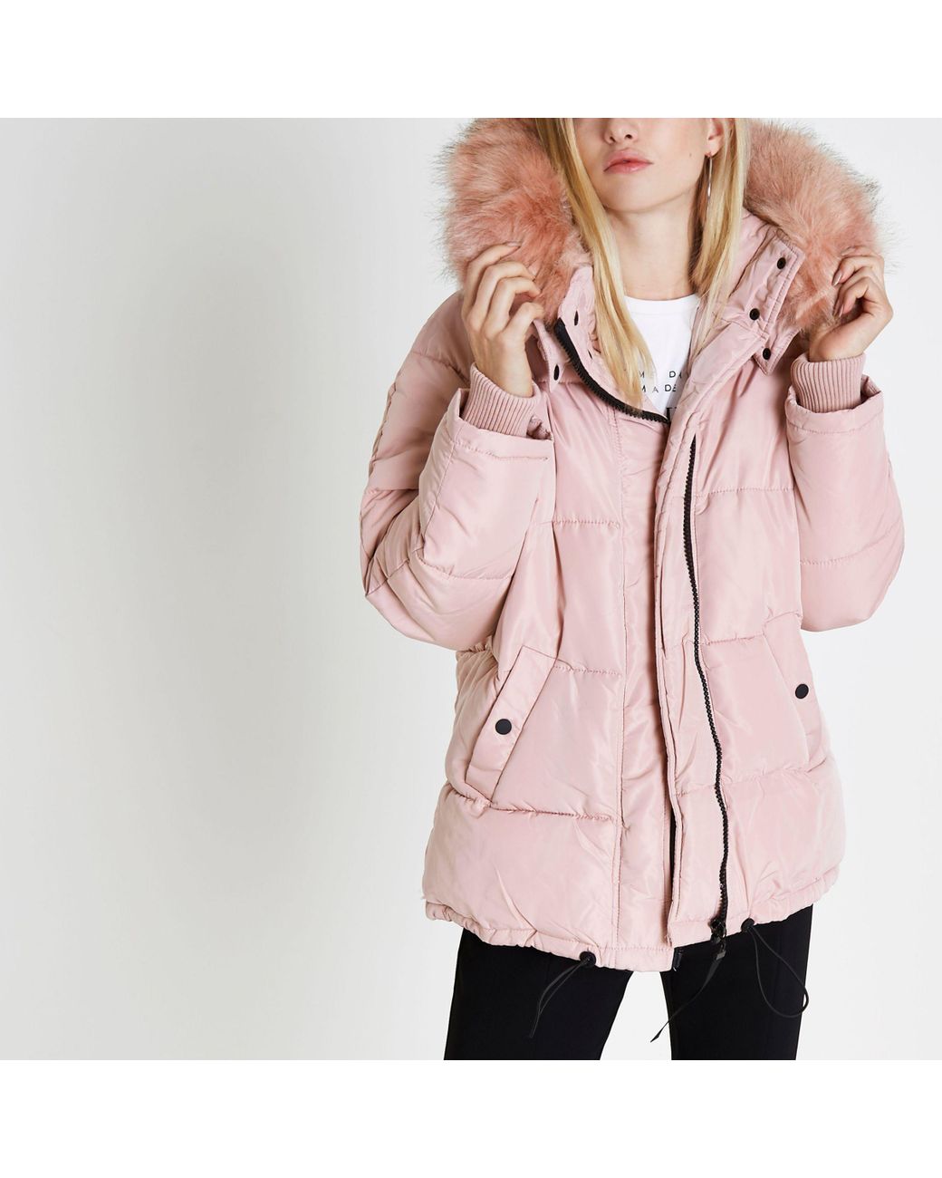 River Island Pink Fur Hood Oversized Puffer Jacket | Lyst Canada