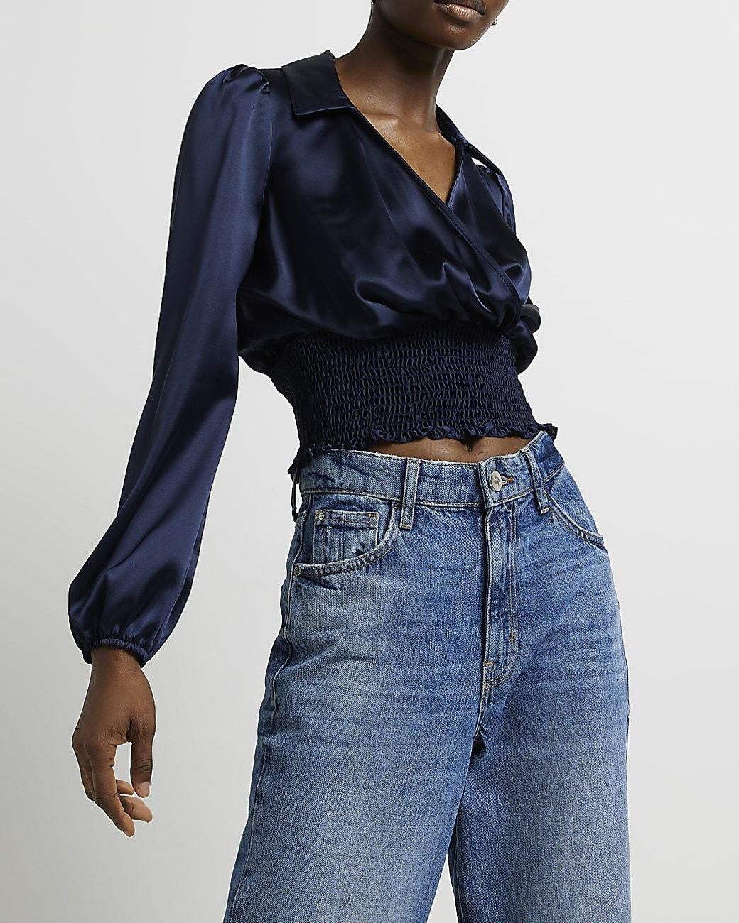 River Island Navy Satin Cropped Blouse in Blue Lyst