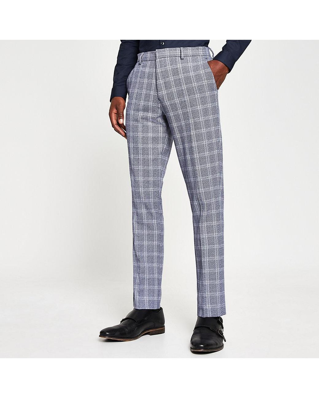 River Island Navy Check Slim Fit Trousers in Blue for Men Lyst