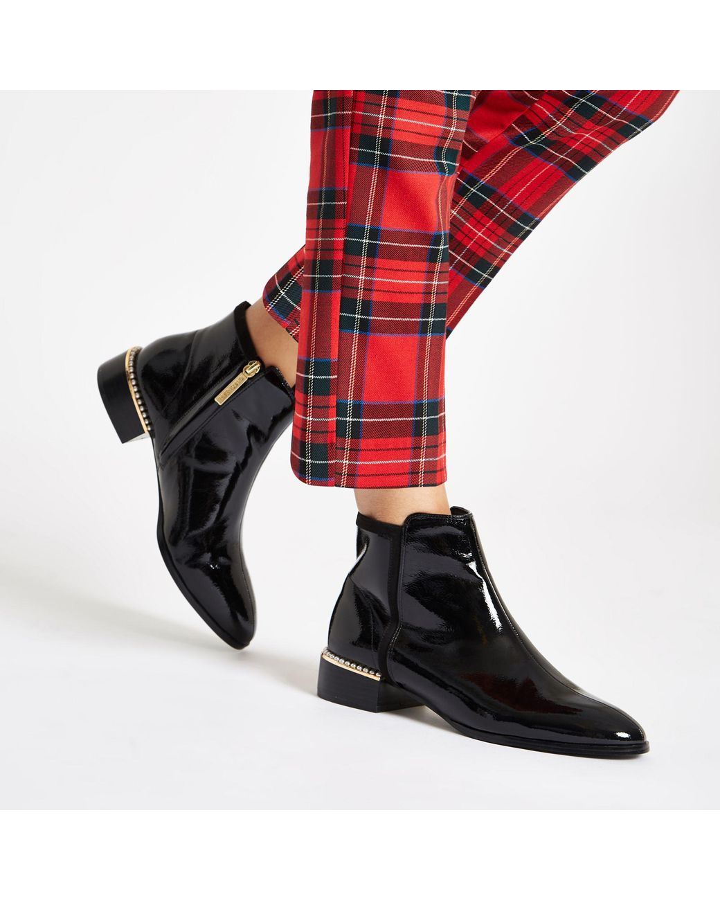 River Island Black Patent Leather Pearl Trim Ankle Boots | Lyst