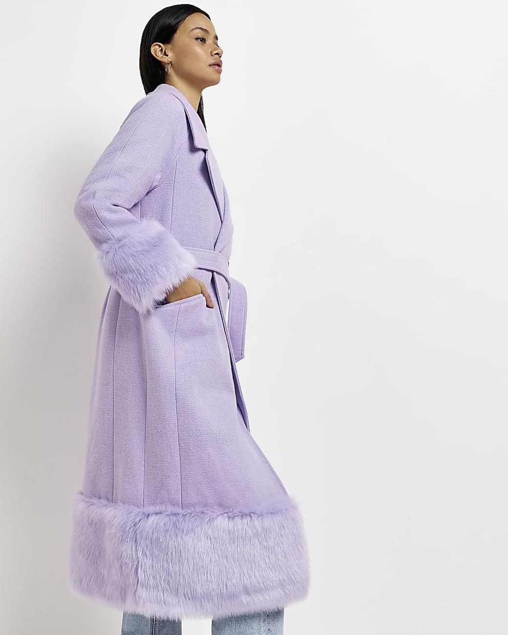 River Island Purple Faux Fur Trim Longline Coat in Blue | Lyst