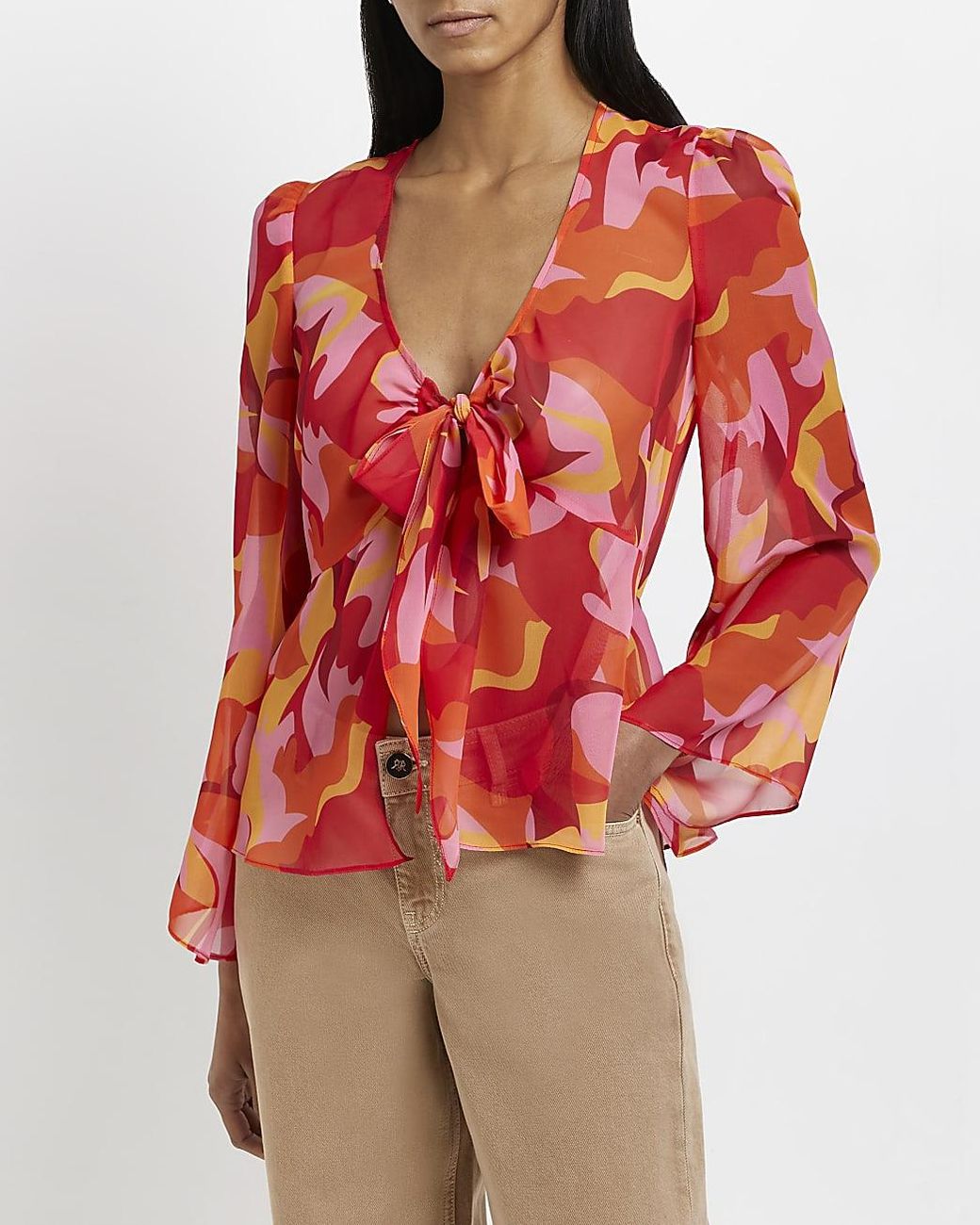 River Island Red Printed Sheer Tie Front Blouse | Lyst