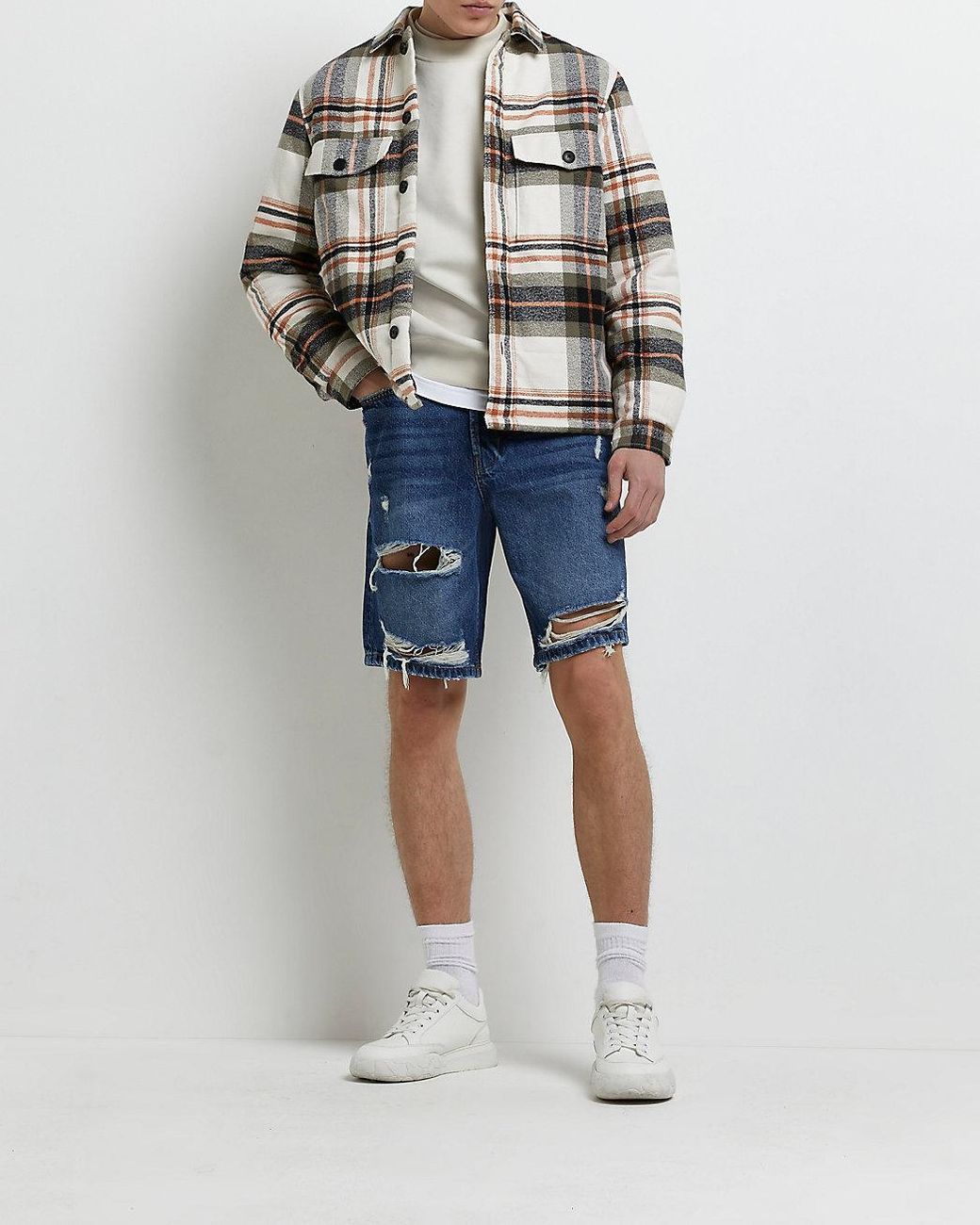 Blue Oversized Fit Ripped Denim Shorts 